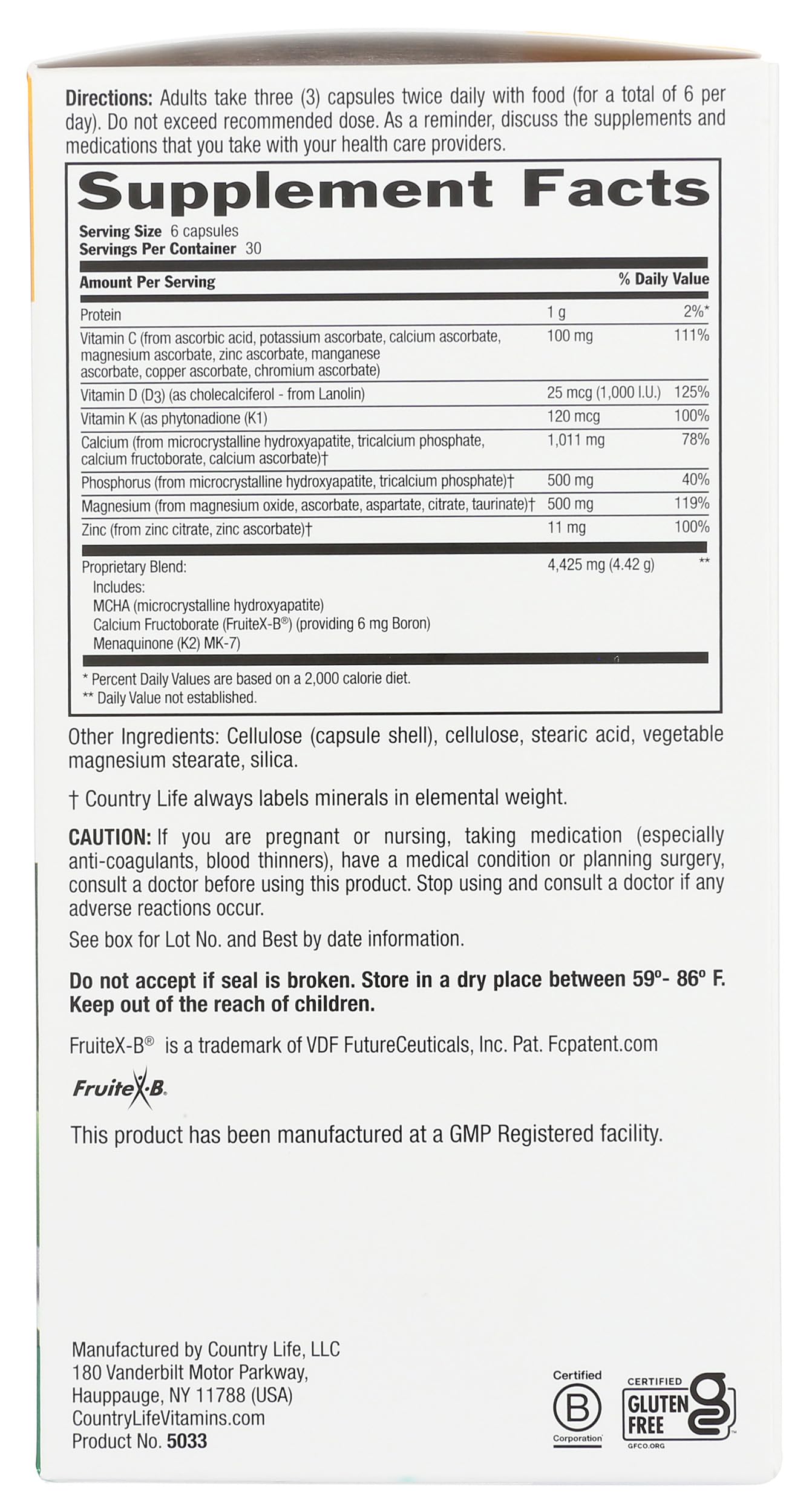 Country Life Bone Solid - Bone Health Supplement with Microcrystalline Hydroxyapatite (MCHA), Calcium, Magnesium, Zinc, Vitamins K2 & D3 for Enhanced Bone Strength & Metabolism, 180 Capsules