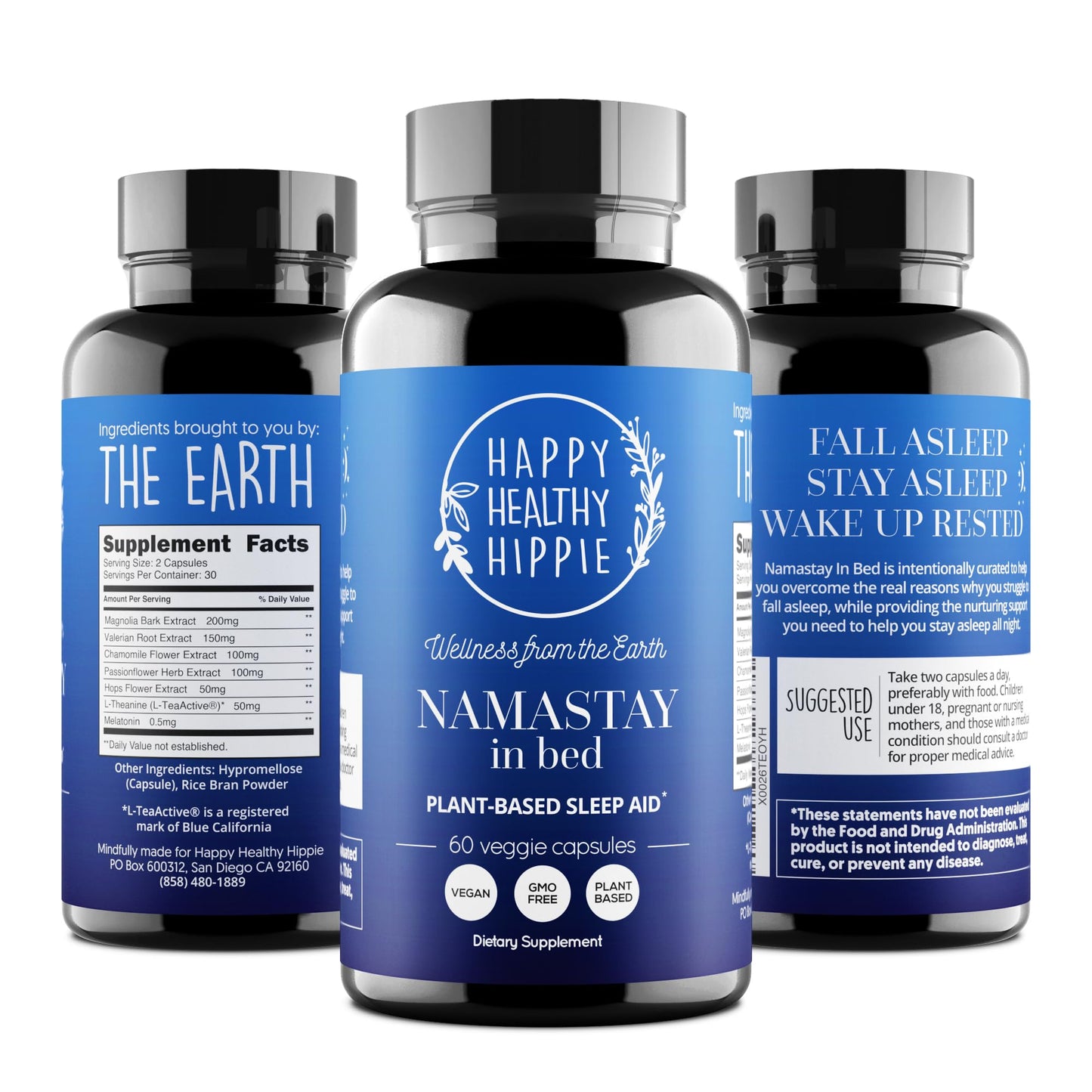 Happy Healthy Hippie Namastay in Bed Natural Sleep Aid, Low Dose Melatonin 0.5 mg Capsule, 60 Count