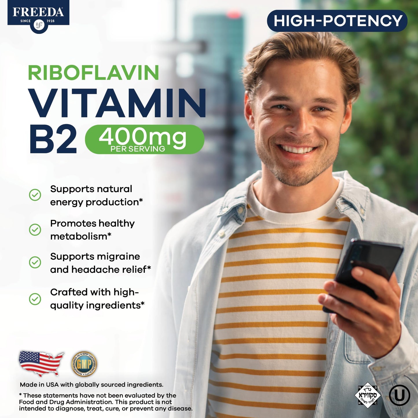 FREEDA Vitamin B2 400mg Riboflavin Supplement 60 Tablets