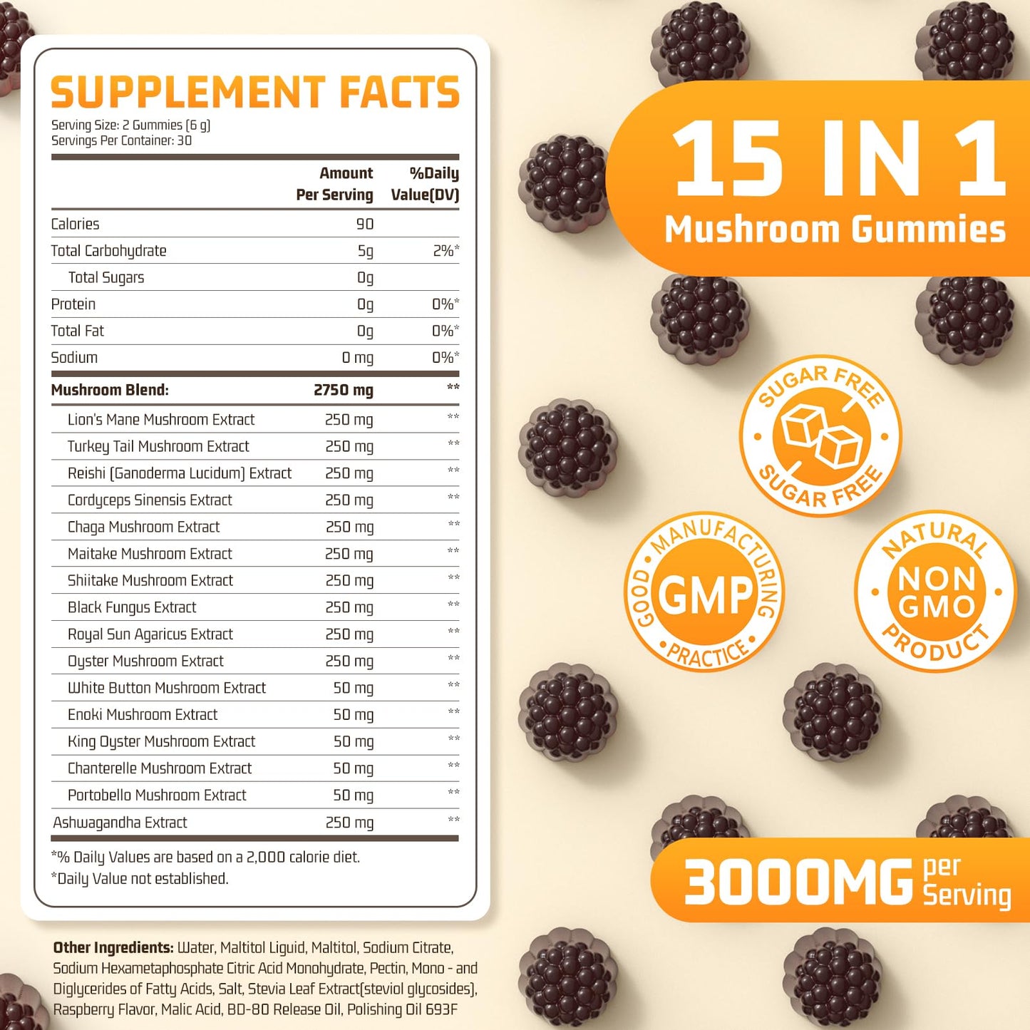 Nature Echo 15 in 1 Mushroom Complex & Ashwagandha Gummies 60 Count