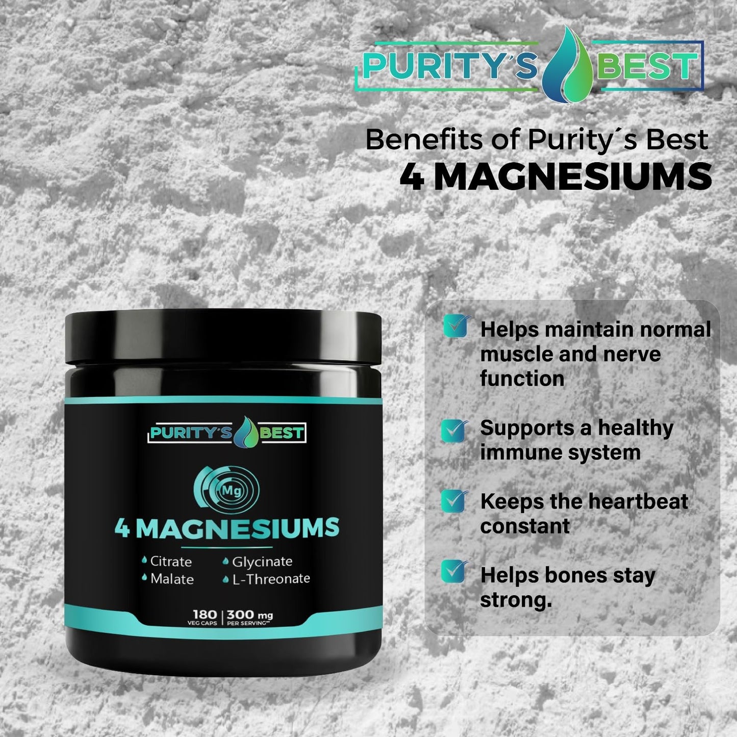 Purity`s Best 4 Magnesiums Premium Magnesium Glycinate, Malate, L-Threonate, Citrate, 300mg, 180 Capsules