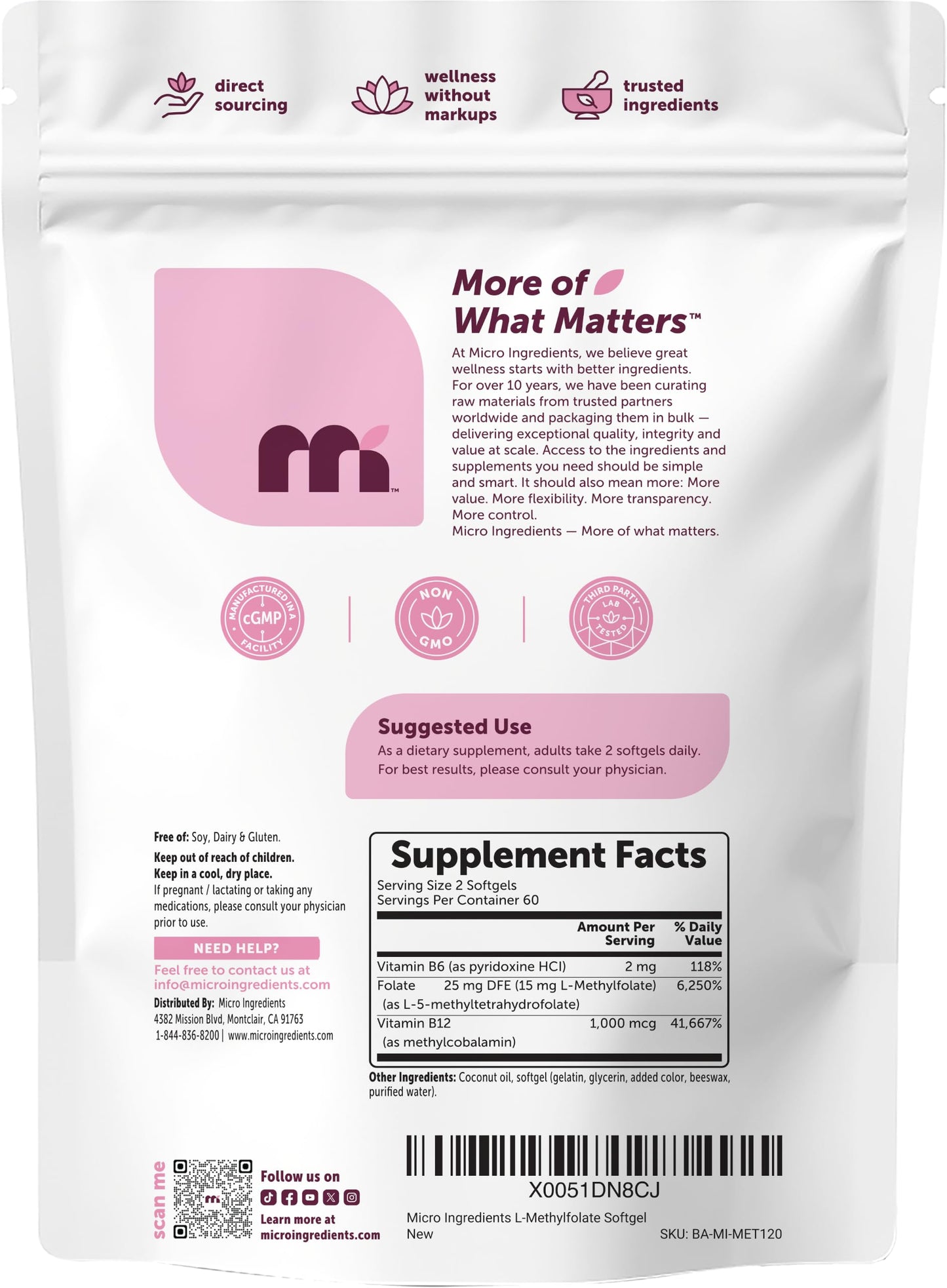 Micro Ingredients L Methylfolate 15mg Softgels 120