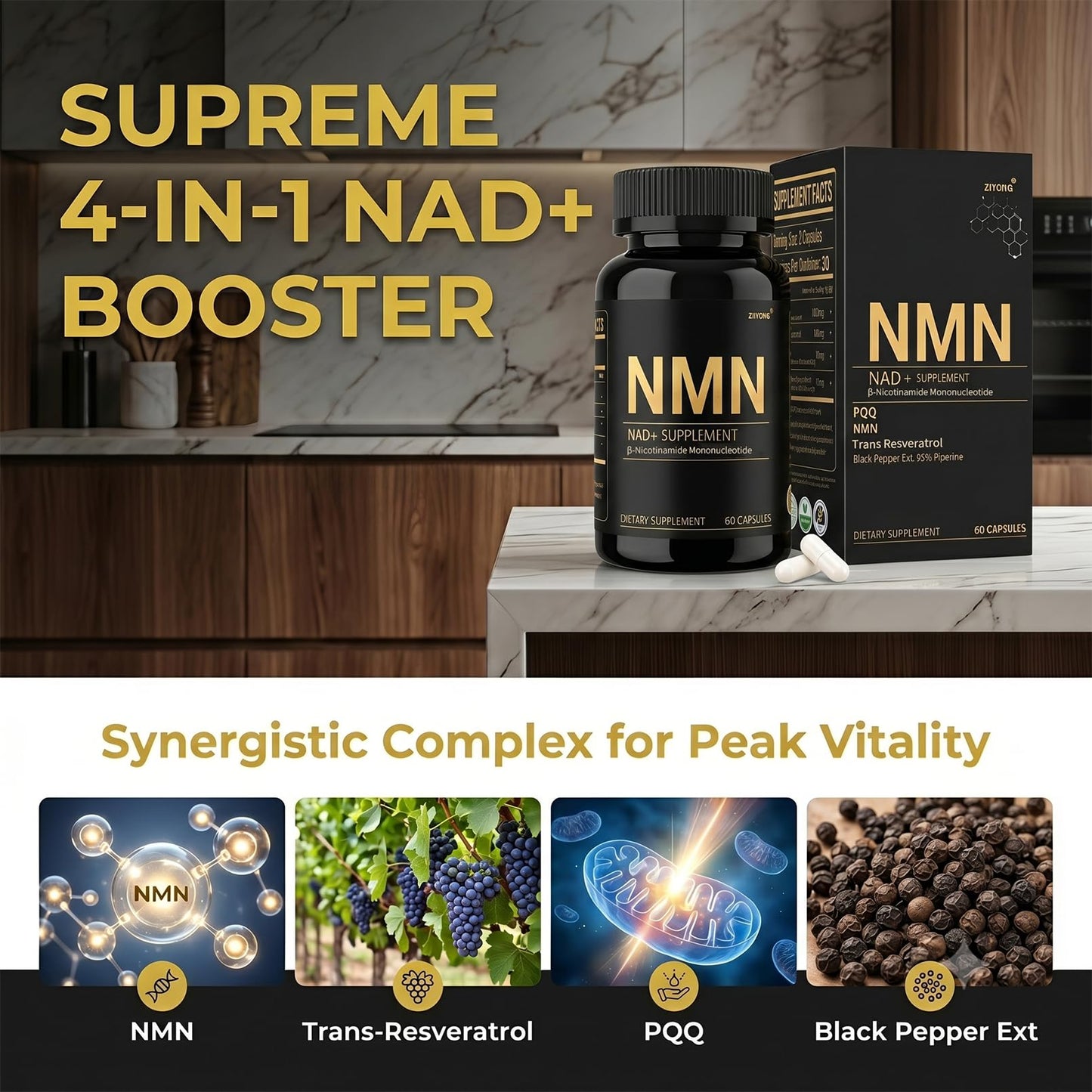 ZIIYONG NMN Supplement 1000mg Pure Organic 4-in-1 NAD+ Booster with Resveratrol, PQQ & Black Pepper Extract, 60 Capsules