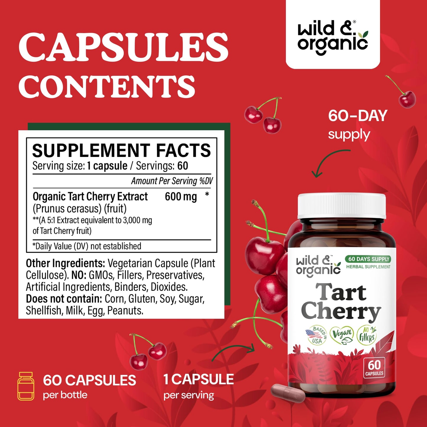 Wild & Organic Tart Cherry Capsules 600 mg, 60 Capsules