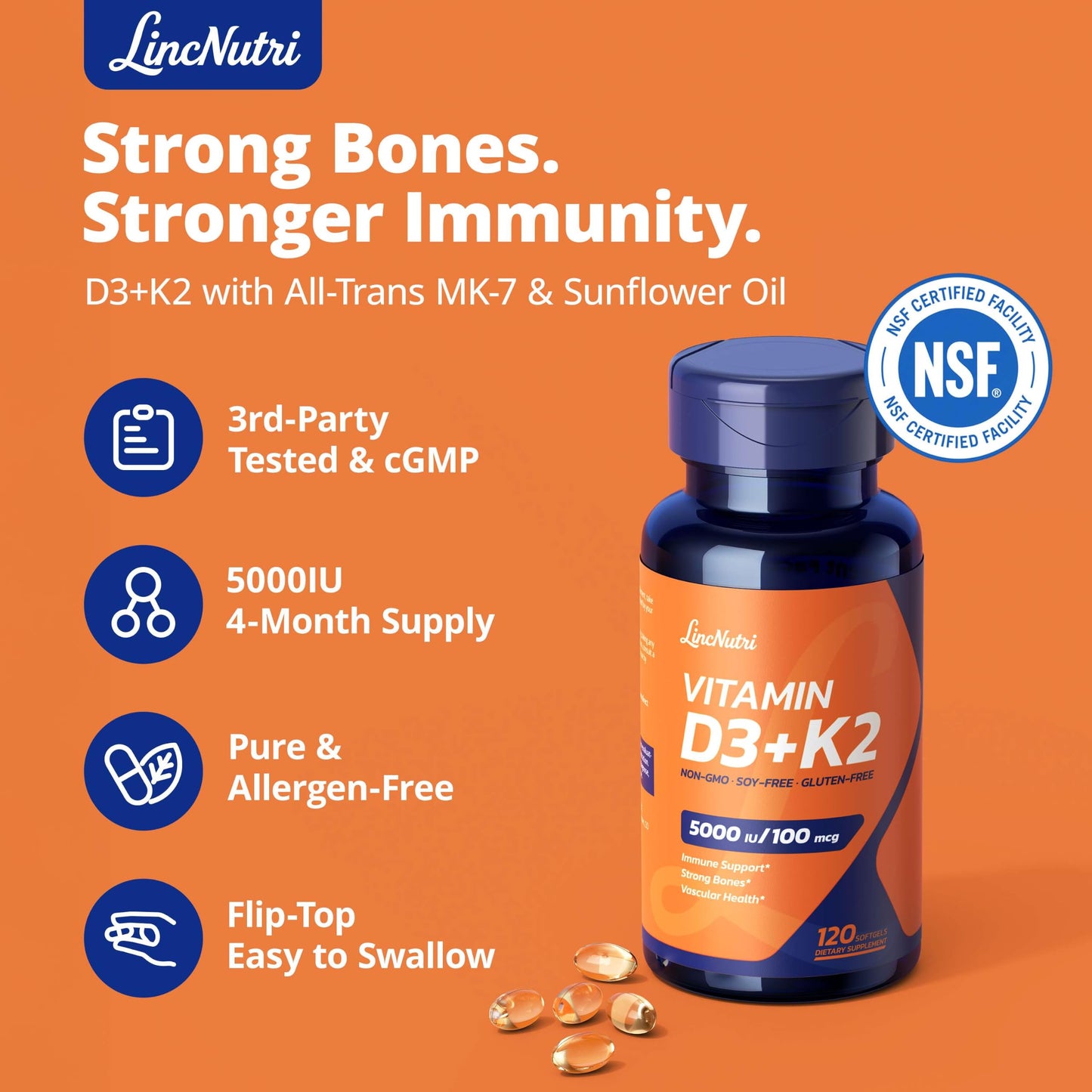 LincNutri Vitamin D3 K2 5000IU MK-7 100mcg Softgels 120 Count