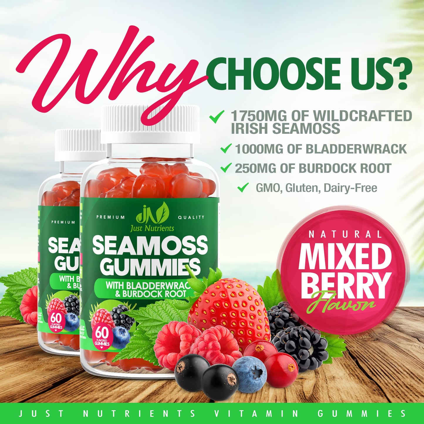 Just Nutrients Sea Moss 3000mg with Bladderwrack and Burdock Root 120 Gummies