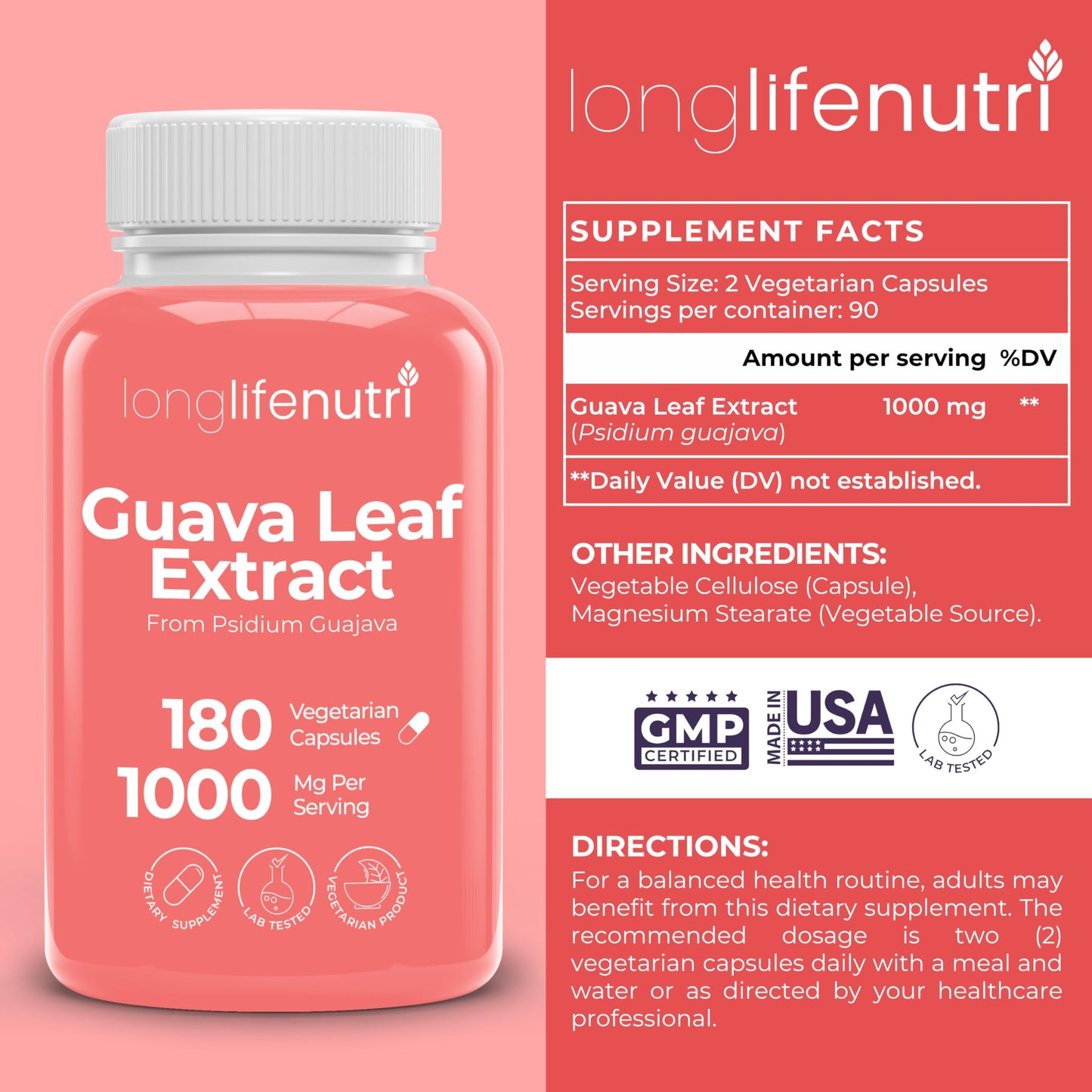 LongLifeNutri Guava Leaf Extract 1000mg Capsule 180 Count