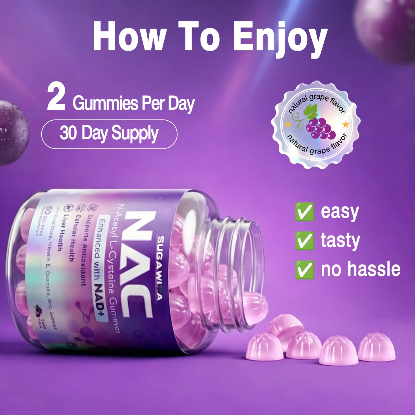 Sugawita NAC Supplement 1000mg NAD+ Gummies, Vegan, Sugar-Free, 60 Count