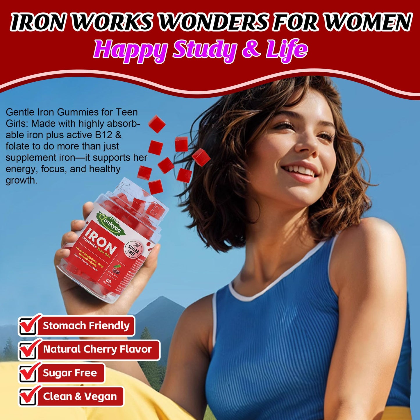 Q'ankyaq Iron Gummies Supplement for Teen Girls and Women, Ferrous Bisglycinate, 60 Gummies