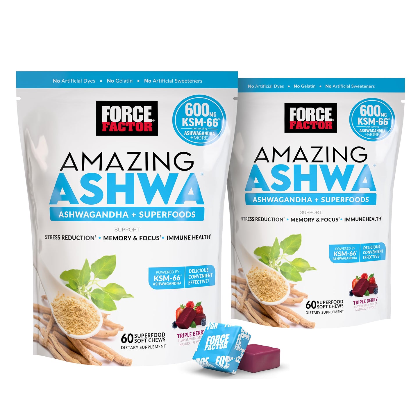 Force Factor Amazing Ashwa Ashwagandha Supplement with KSM-66 for Stress Relief, Memory, Focus, and Immune Support, 120 Soft Chews