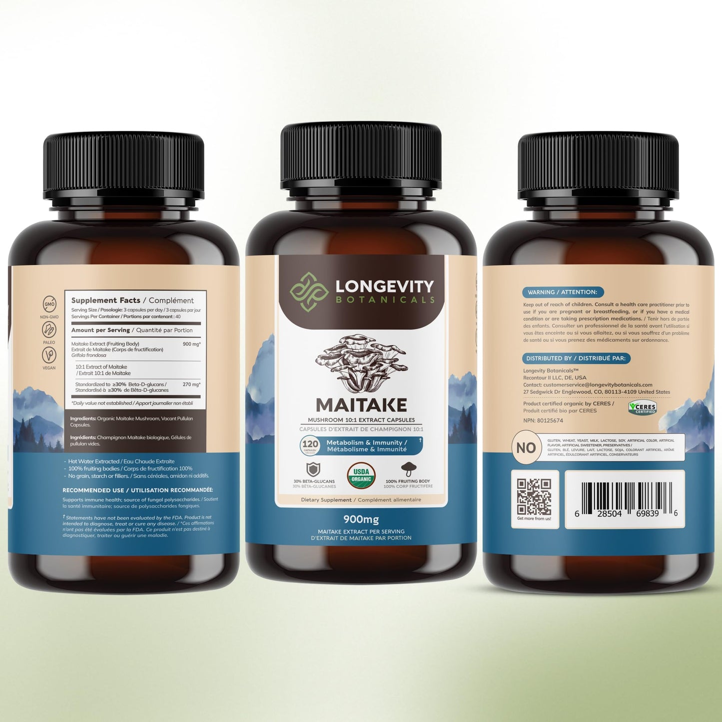 Longevity Botanicals Organic Maitake Mushroom Capsules 120 Count