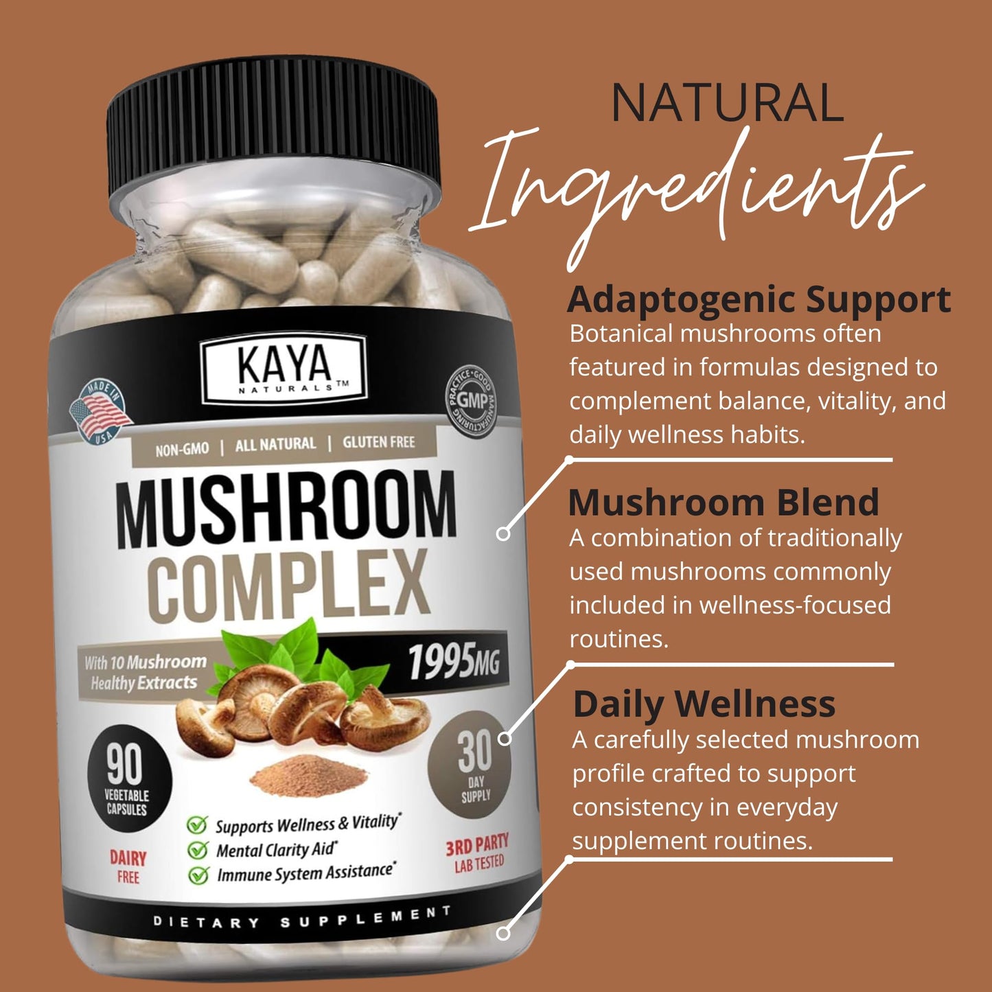 Kaya Naturals Mushroom Complex Premium 1995mg Per Serving Capsule 90 Count