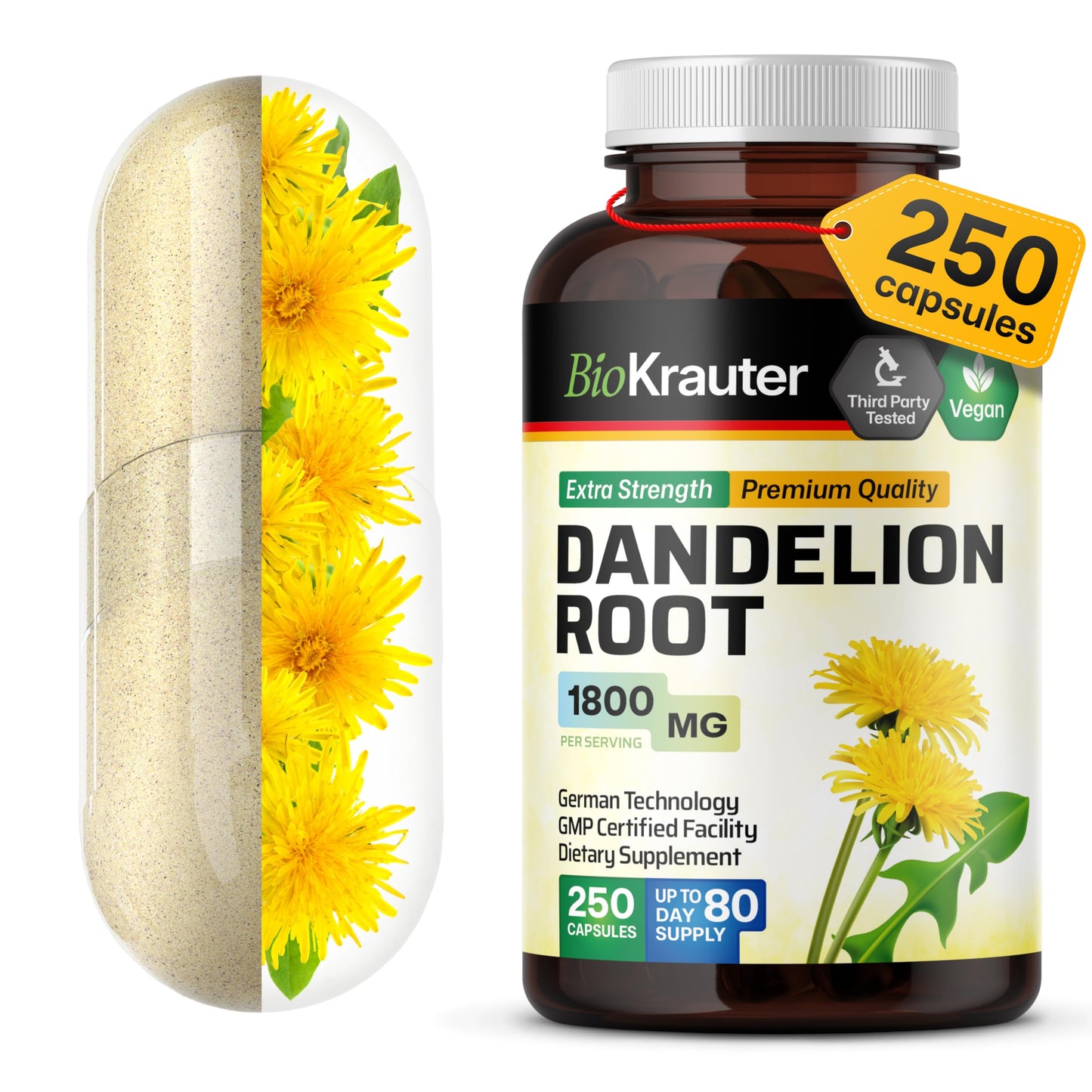 BIO KRAUTER Dandelion Root Capsules, 250 Count