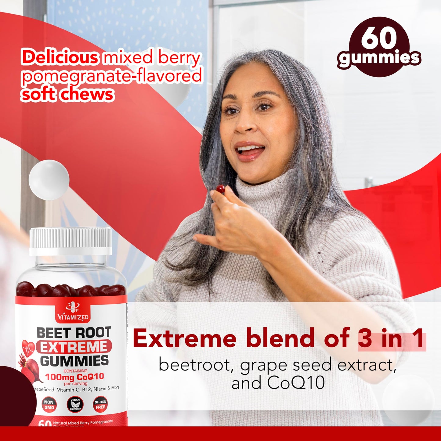 VITAMIZED Extreme Beetroot Formula & COQ10 100mg with Grape Seed Extract Gummies 60 Count