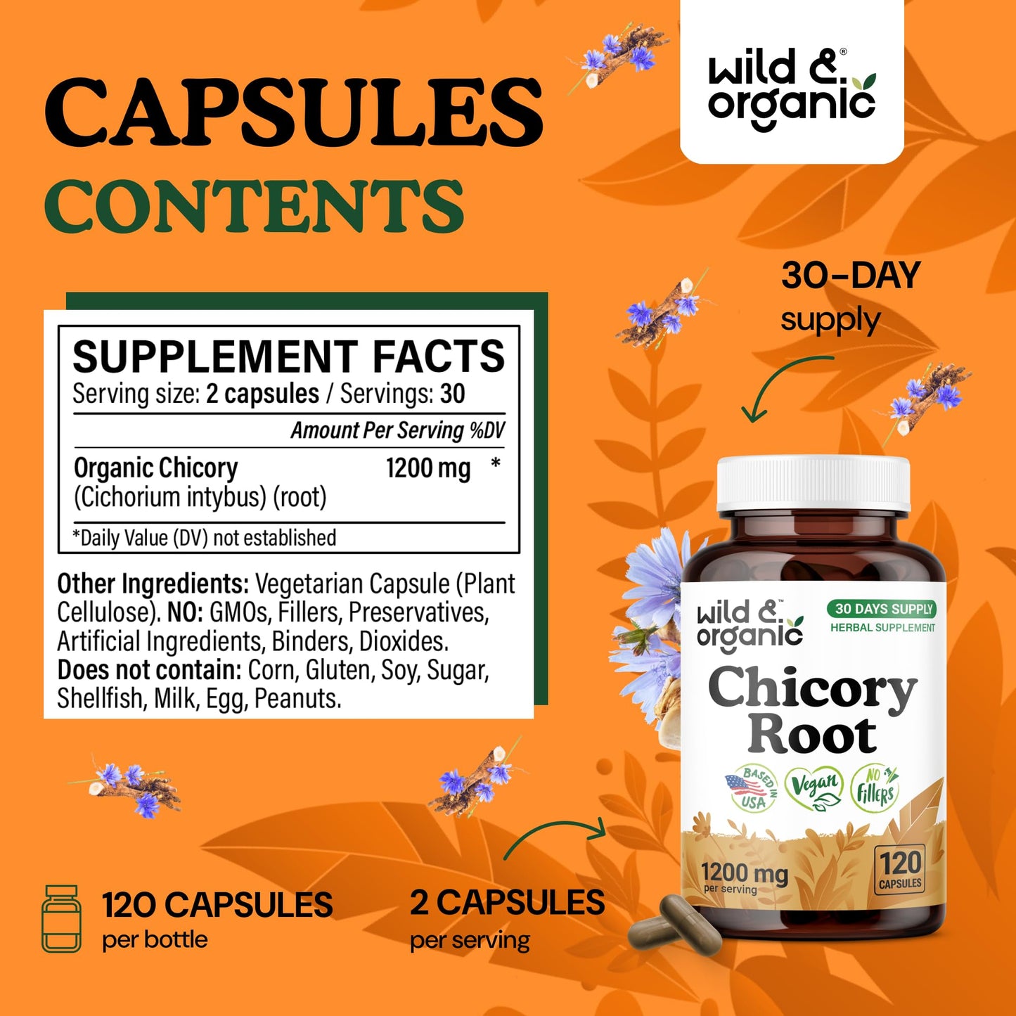 Wild & Organic Chicory Root Fiber Capsules 120 Count
