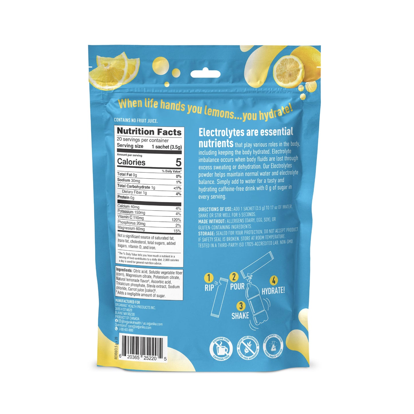 Organika Electrolytes Powder Classic Lemonade Sachets 2.47 Ounce