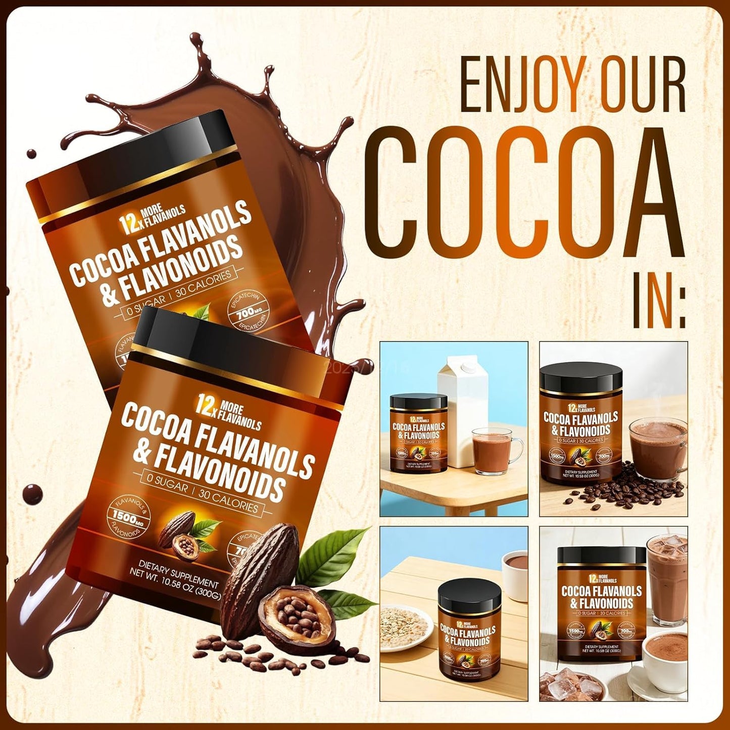 Hochornk High Flavanol Cocoa Powder - 1500mg Per Serving with Cocoa Flavanols & Flavonoids, 700mg Epicatechin, Boosts Circulation, Nitric Oxide, Energy and Heart Health, 300 g
