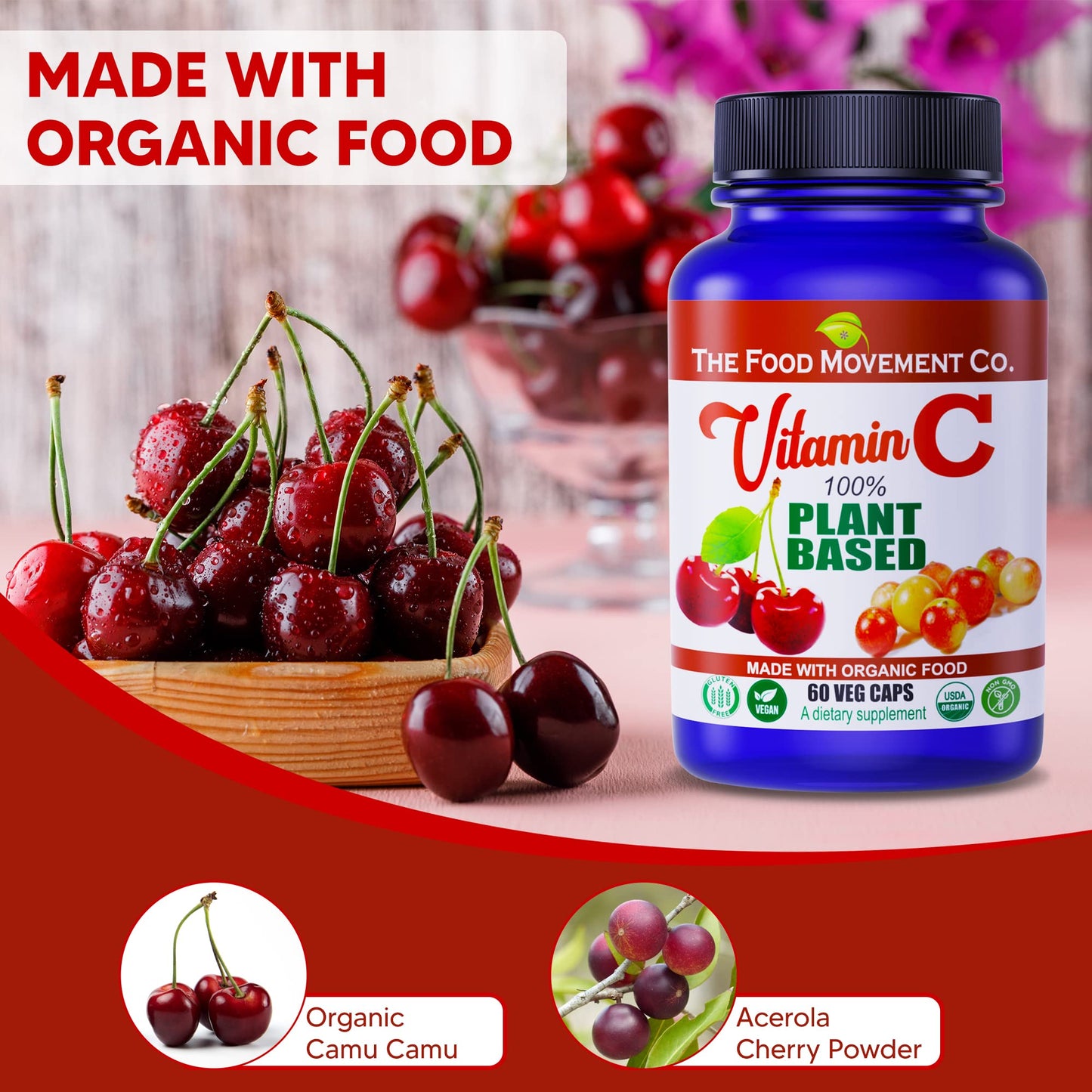 The Food Movement Co. 100% Plant-Based Vitamin C Capsules, 60 Count