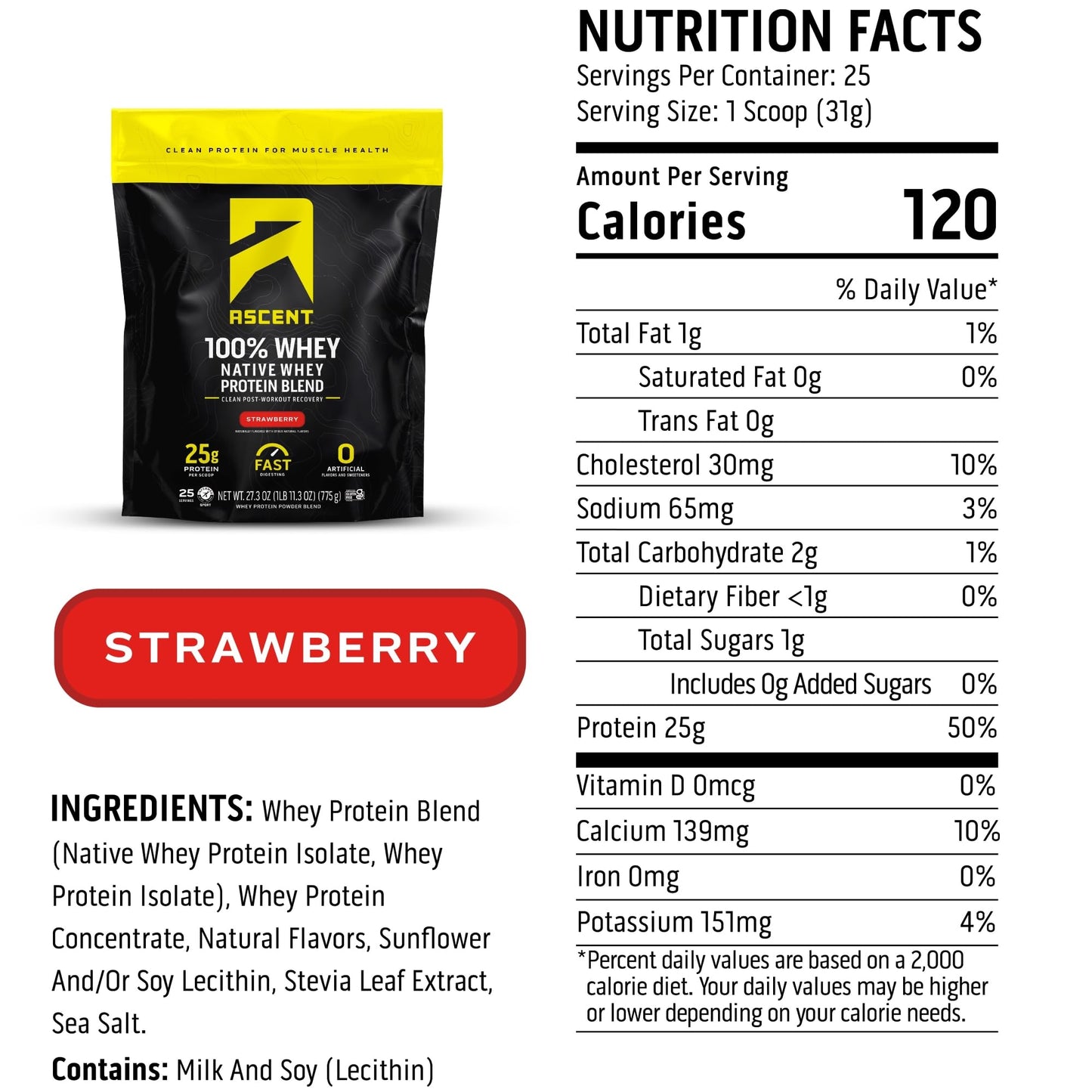 Ascent 100% Whey Protein Powder Strawberry 27.2 Servings