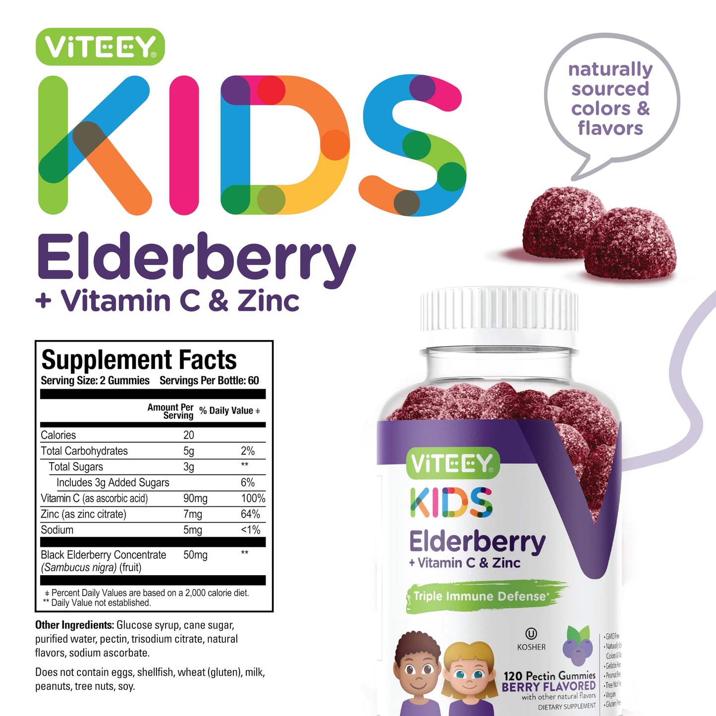 Viteey Sambucus Elderberry Gummies for Kids with Zinc & Vitamin C, 120 Gummies