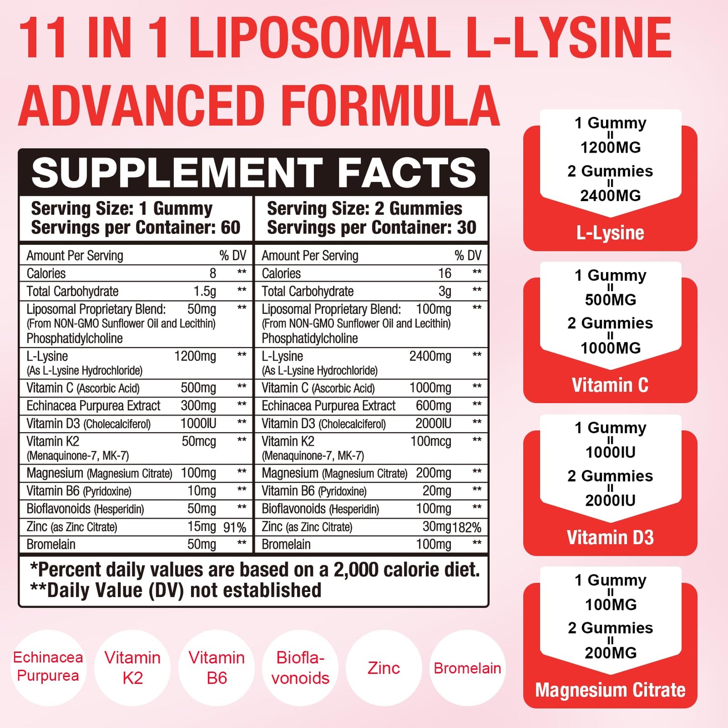 Oakevlp Liposomal L-Lysine 2400mg & Vitamin C 1000mg Gummies, 120 Gummies