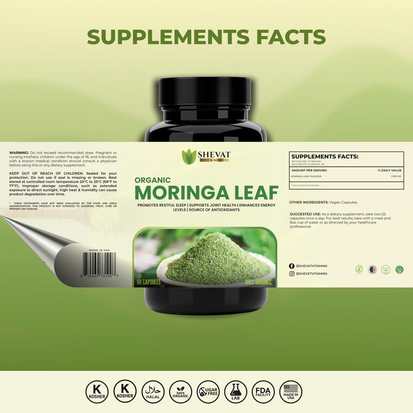 SHEVAT VITAMINS Organic Moringa Leaf Capsules 1000mg, 90 Capsules