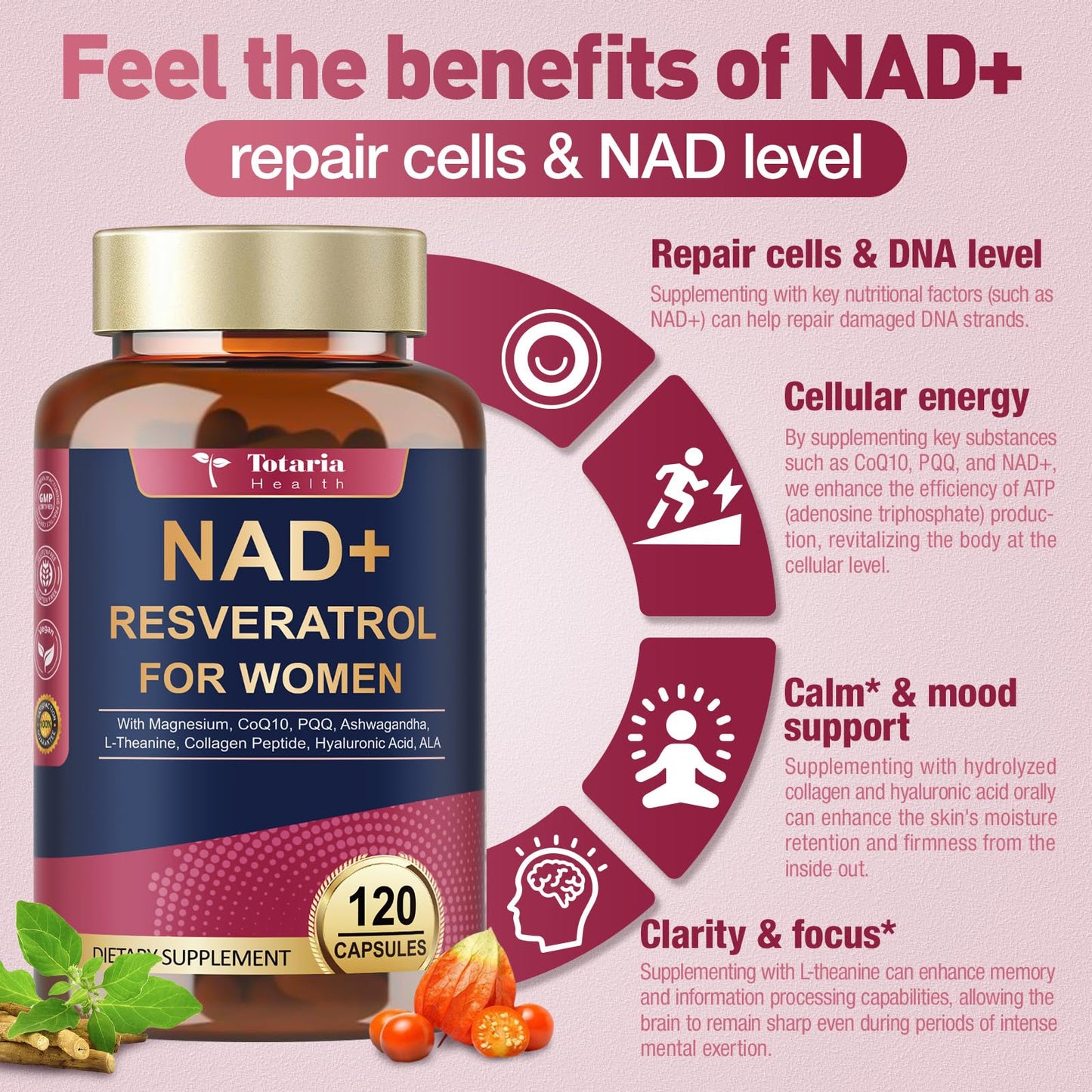 Totaria NAD+ Trans-Resveratrol Supplement for Women with Magnesium, CoQ10, PQQ, Ashwagandha, Collagen Peptide – NMN & NMNH Alternative – Cellular Renewal & Energy, 240 Capsules