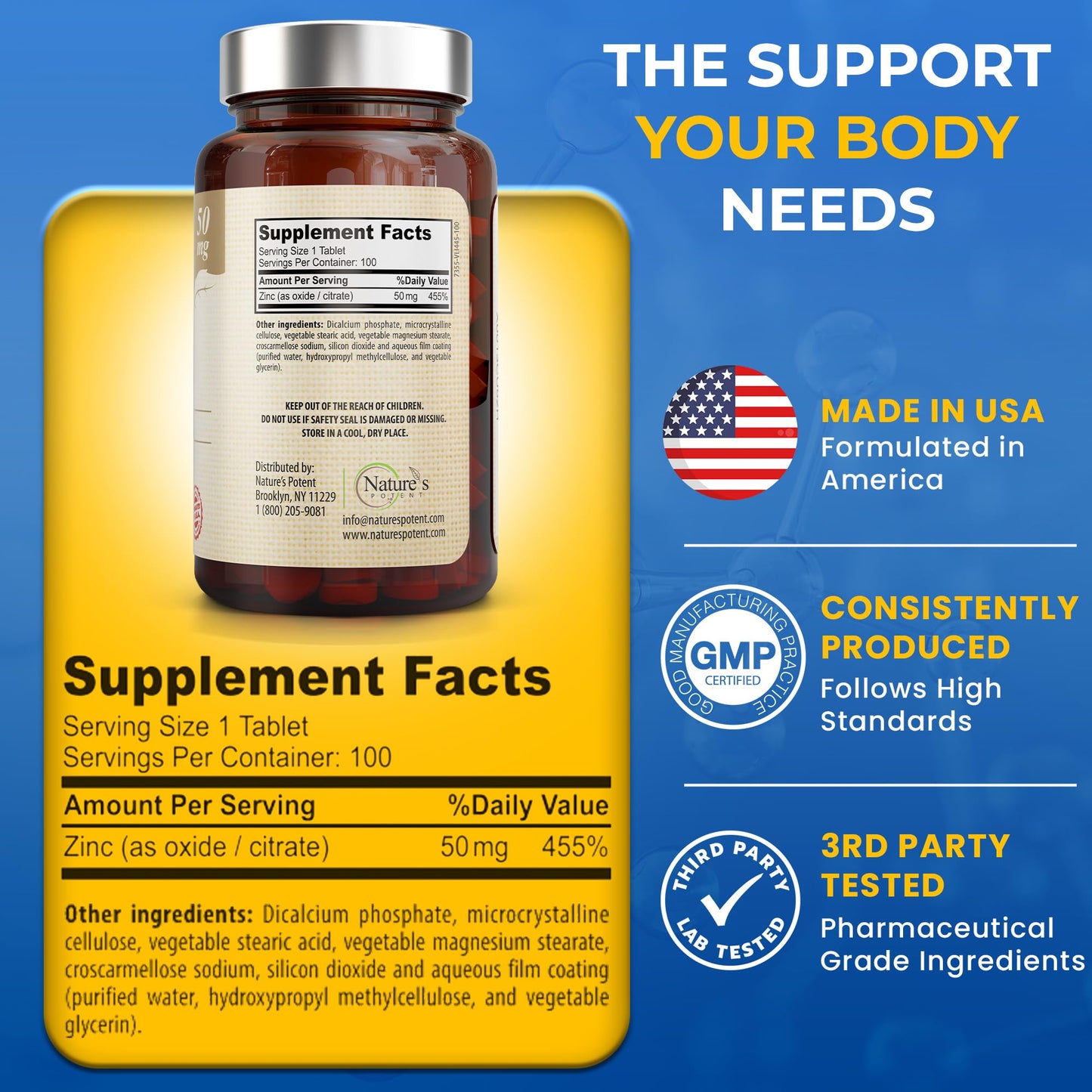 Nature's Potent Zinc 50mg High Potency Supplement, 100 Tablets