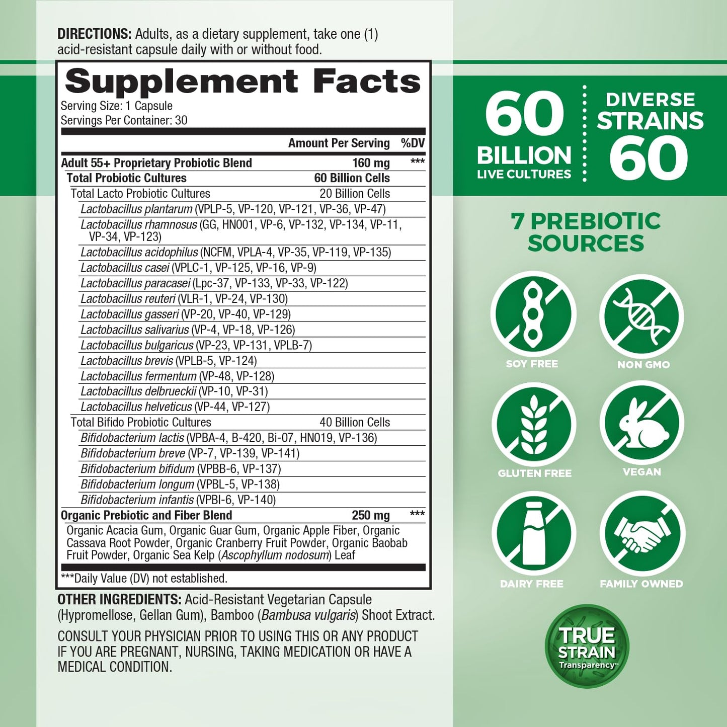 Vital Planet Vital Flora Adults Over 50 Daily Probiotic 60 Billion CFU, 60 Diverse Strains, 7 Organic Prebiotics, Immune Support, Gas, Digestive Health Probiotics for Women and Men Capsules, 30