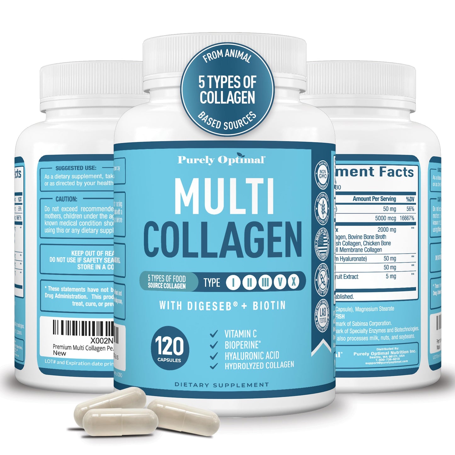 Purely Optimal Premium Multi Collagen Peptides (Types I, II, II, V, X) Capsules 120