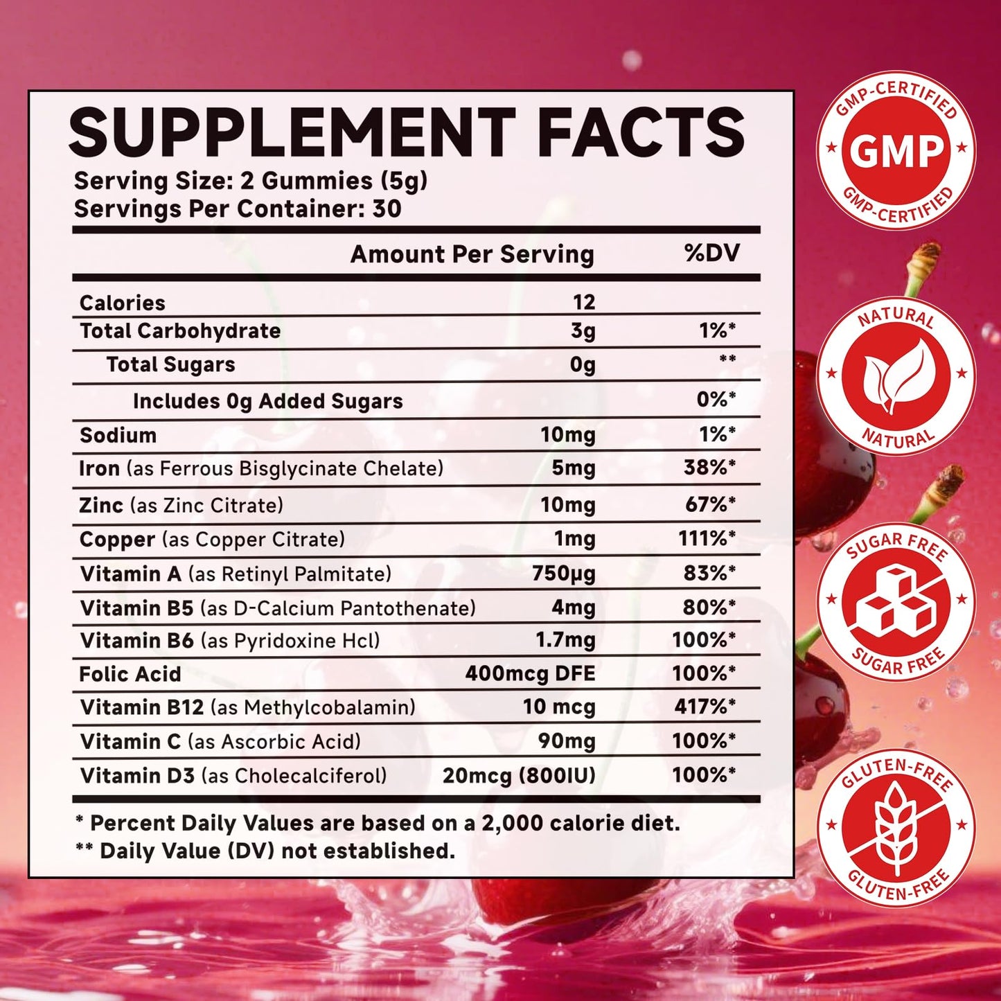 MOORGUMY Iron, Zinc, Copper Mineral Gummies with Vitamin A, B5, B6, C, D3, B12 for Adults & Kids, Sugar Free Cherry Flavor, 60 Gummies