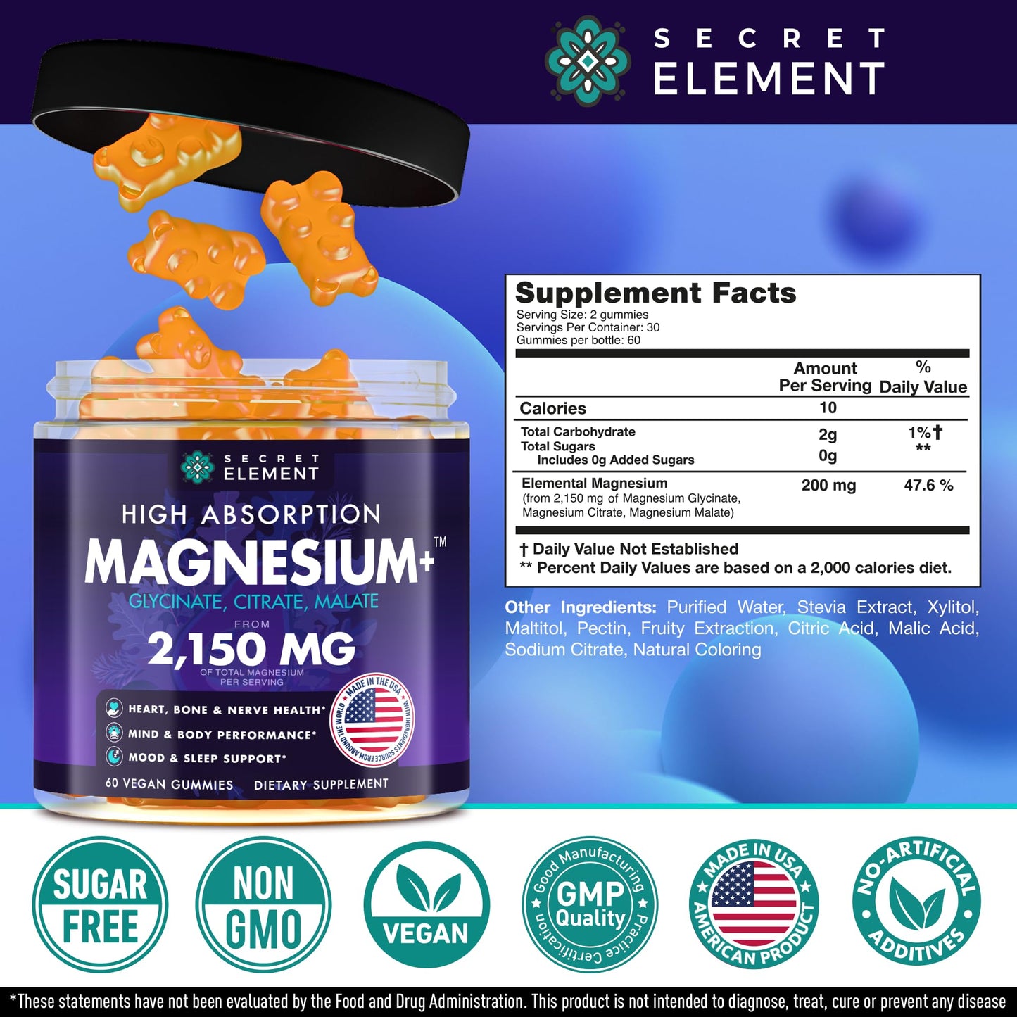 Secret Element Magnesium Glycinate 2150MG Gummies, 60 Gummies