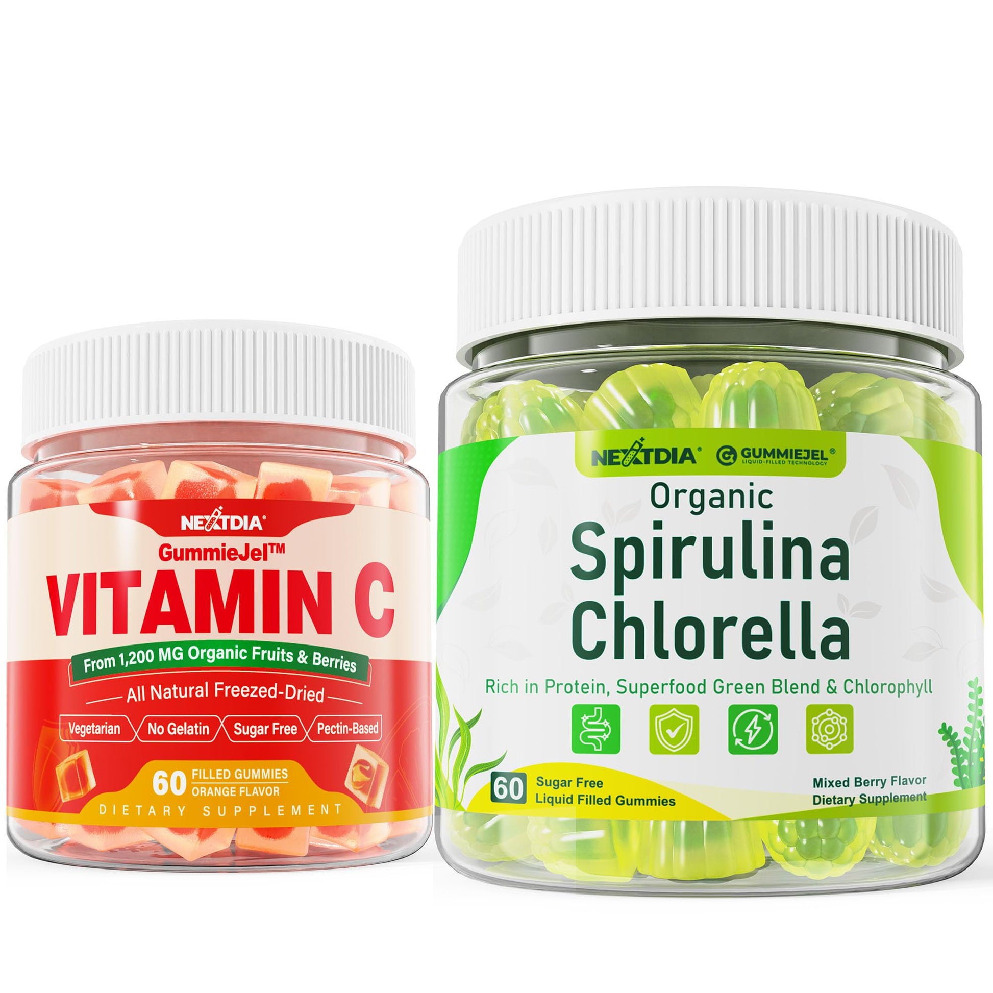 Nextdia Organic Spirulina & Chlorella Gummies + Whole Food Vitamin C Gummies, 120 Gummies