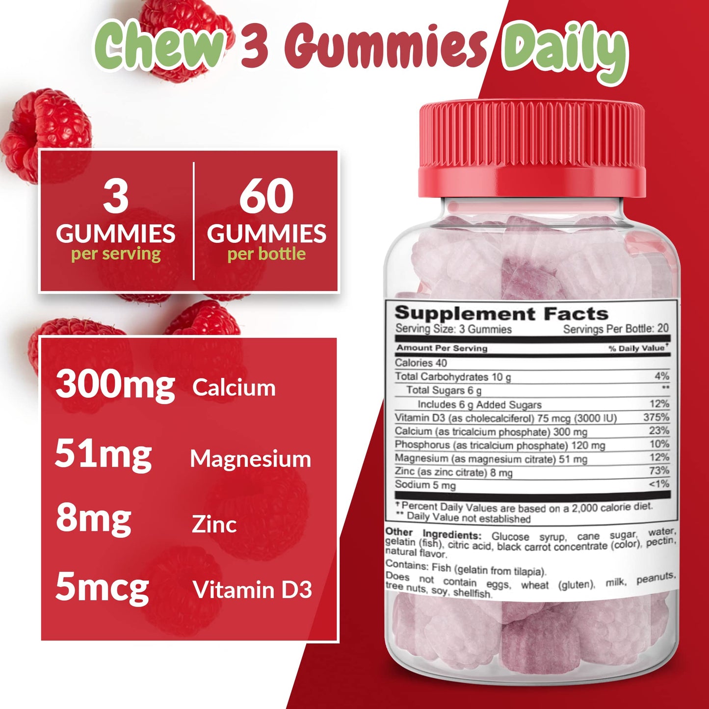 Health Supplied Calcium Magnesium & Zinc + Vitamin D Gummies, 60 Gummies