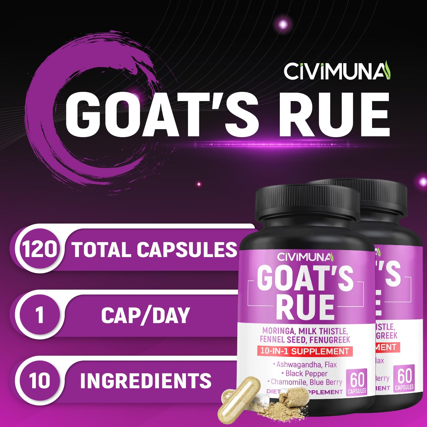 CIVIMUNA Goat’s Rue Capsules with Moringa, Milk Thistle and More - 120 Capsules