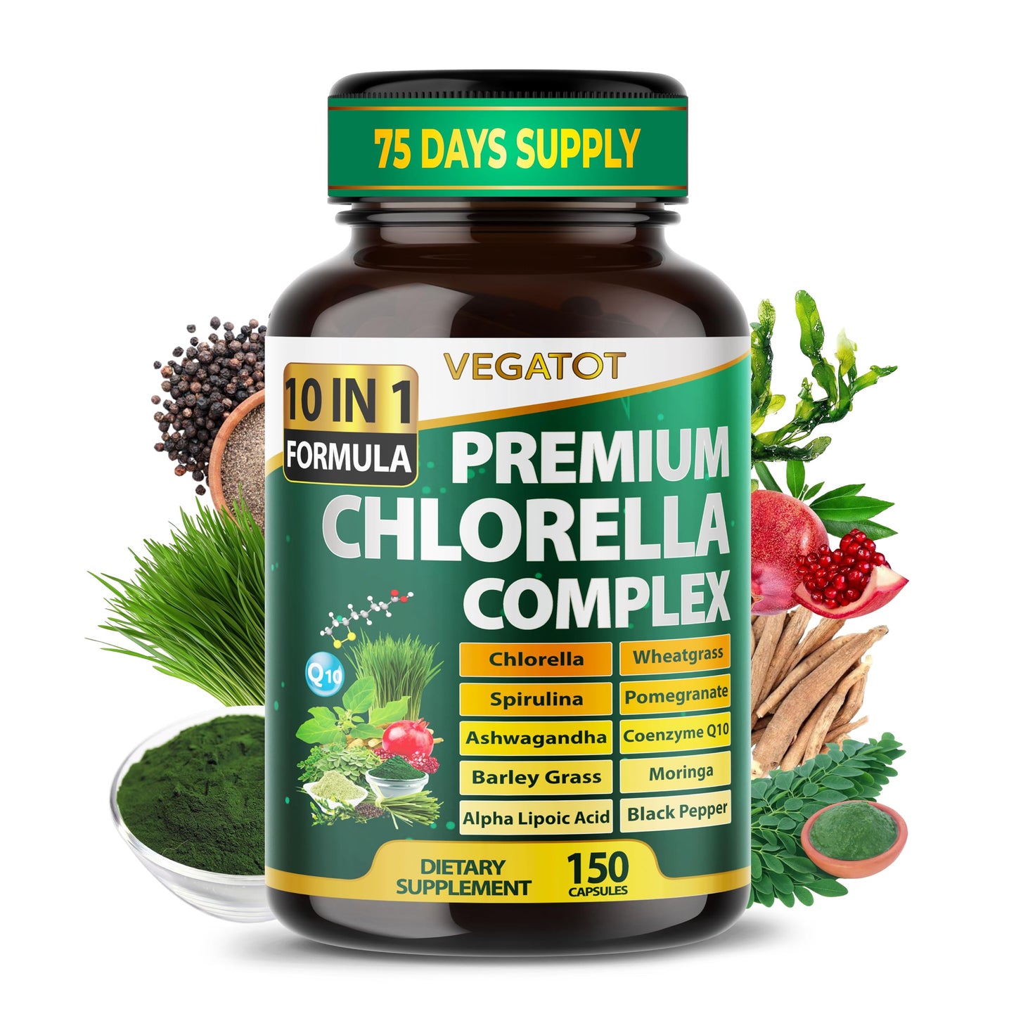 VEGATOT Premium Organic Chlorella Complex 10-in-1 Formula Capsules, 150 Count