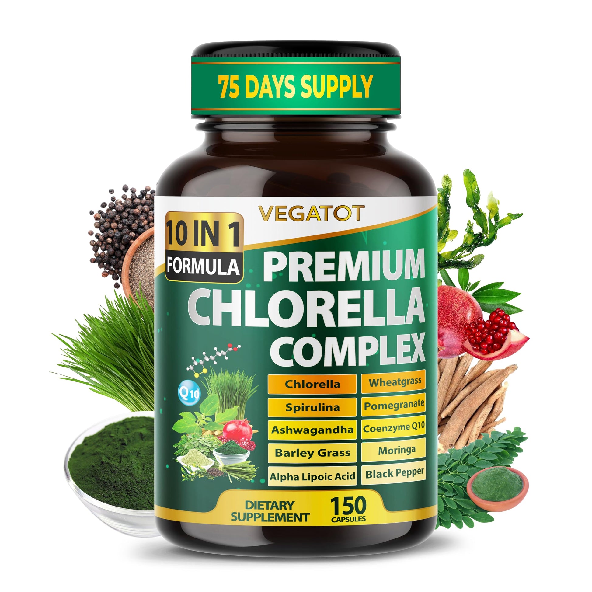 VEGATOT Premium Organic Chlorella Complex 10-in-1 Formula Capsules, 150 Count