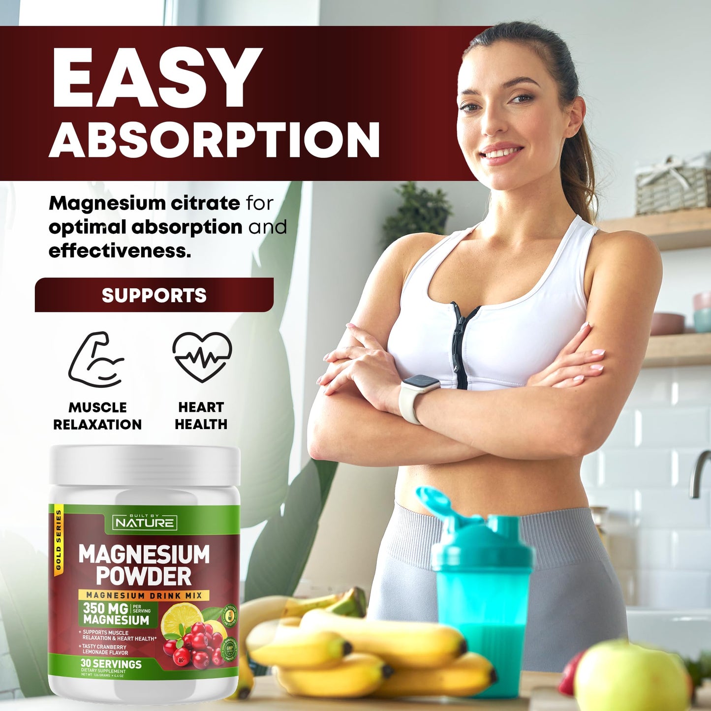 Built by Nature Magnesium Citrate Powder Cranberry Lemonade 4.44 Ounces