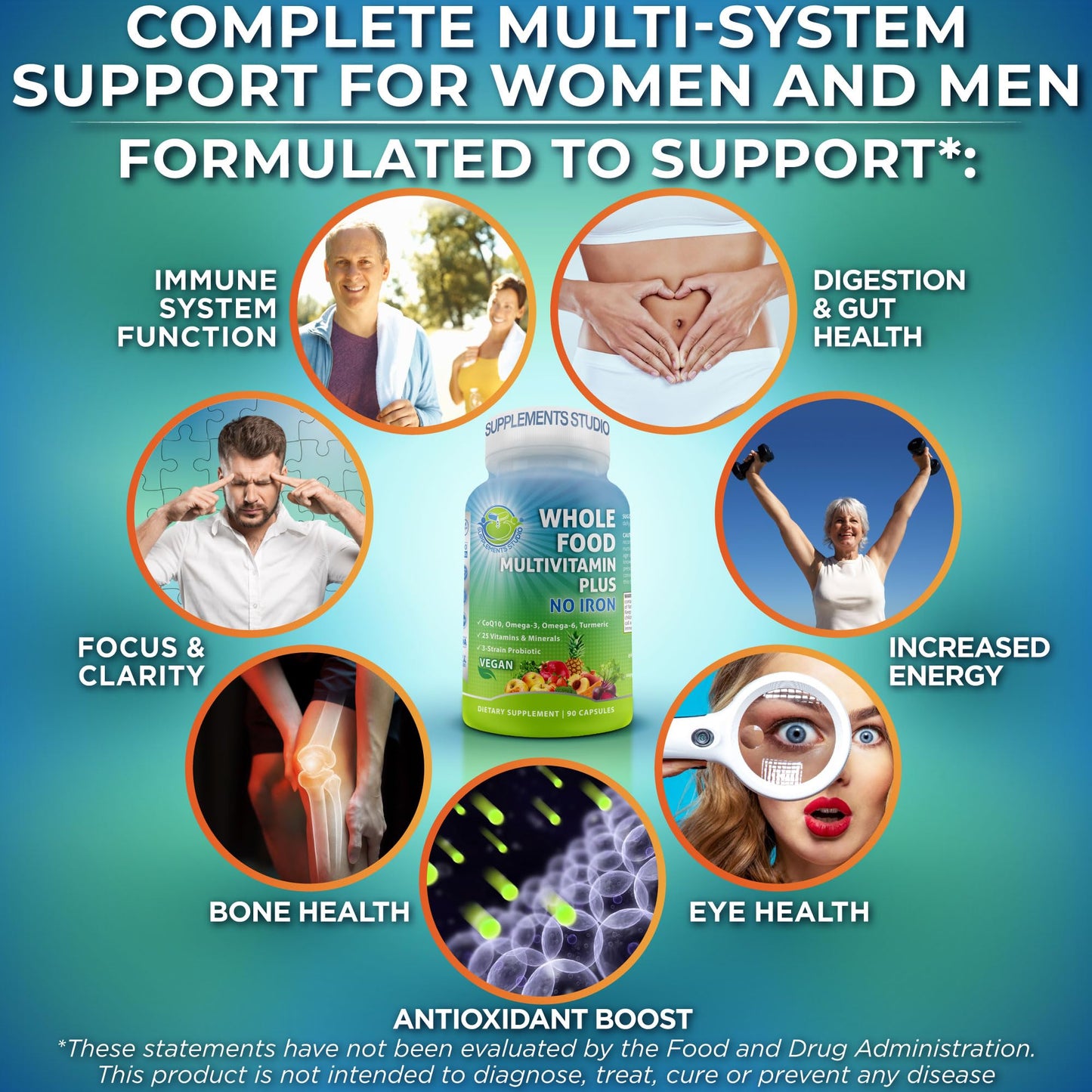 SUPPLEMENTS STUDIO Vegan Whole Food Daily Multivitamin Without Iron, Methylated Multivitamin for Women and Men Capsules, 90 Count