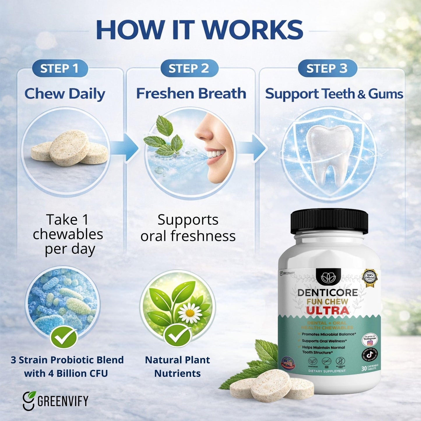 GREENVIFY DentiCore Fun Chew Ultra Oral Probiotics, Advanced Gums and Teeth Health Supplement, Chewable Tablet, 30