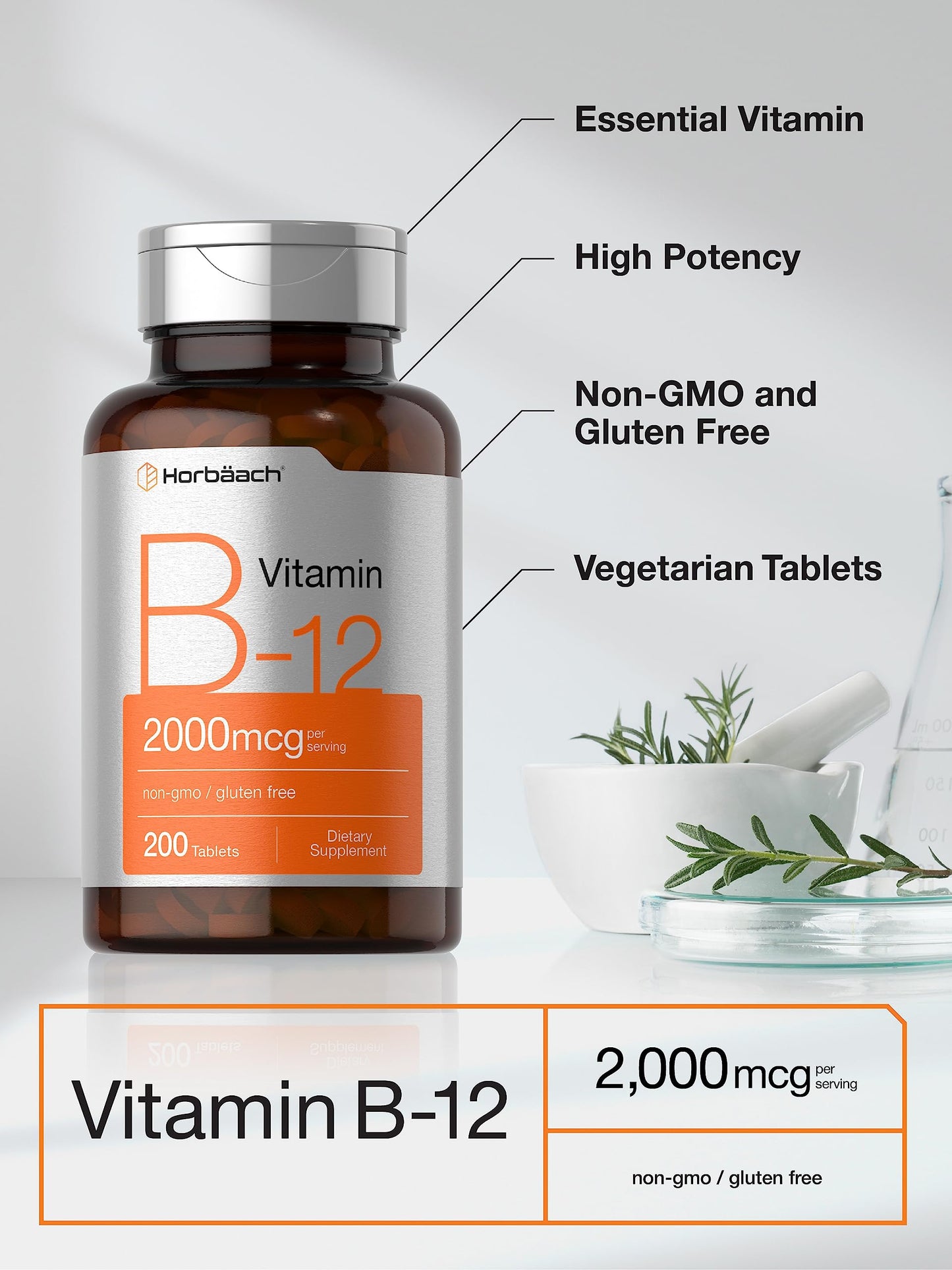 Horbäach B12 Vitamin 2000 mcg Tablets, 200 Count