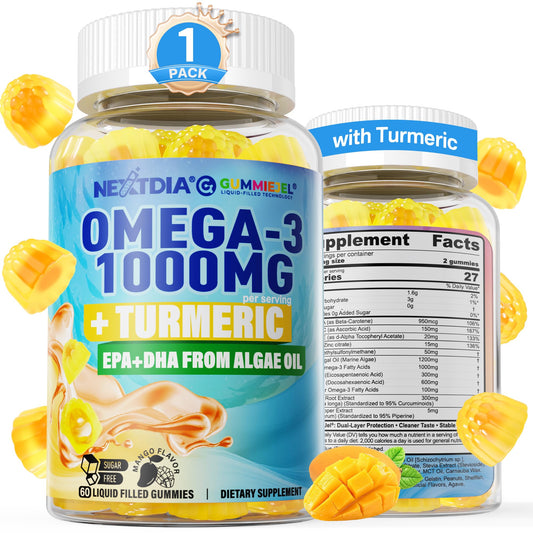 Omega-3 Gummies 1000mg + Turmeric, Fish Oil Alternative No Fish Taste, 60Ct