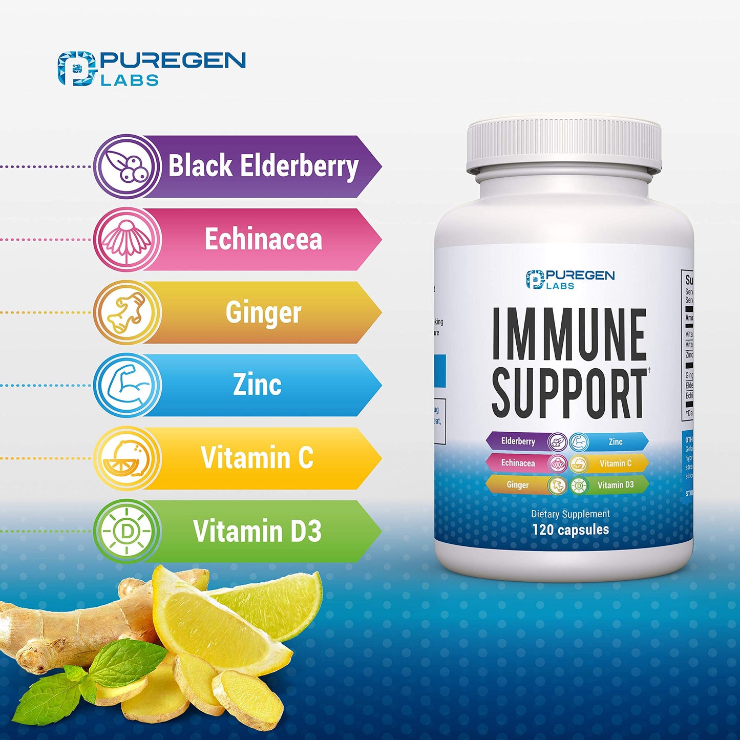P Puregen Labs 6 in 1 Immune Support Capsules, 120 Count