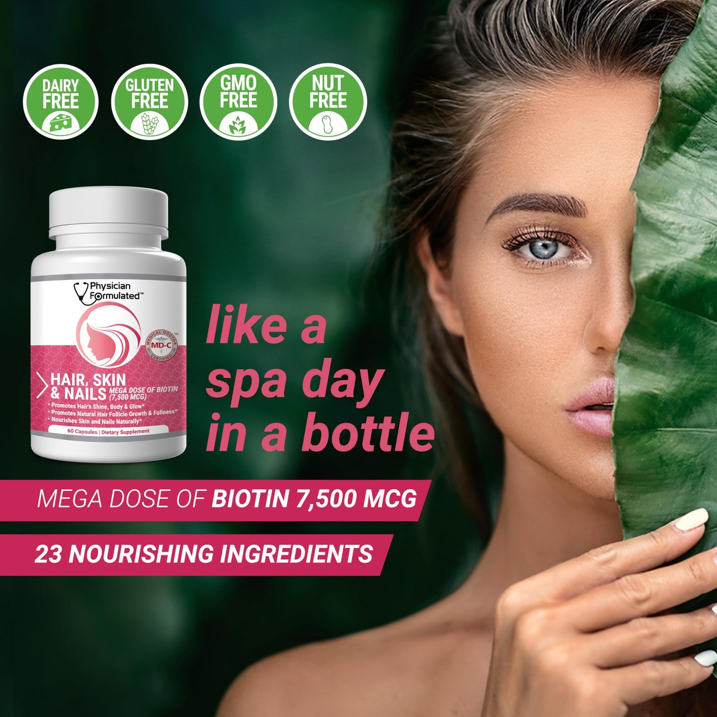 Physician Formulated Healthy Hair Skin and Nails Vitamins for Men and Women - 7500 mcg Biotin, Amino Acids, Collagen and Hyaluronic Acid, 60 Capsules