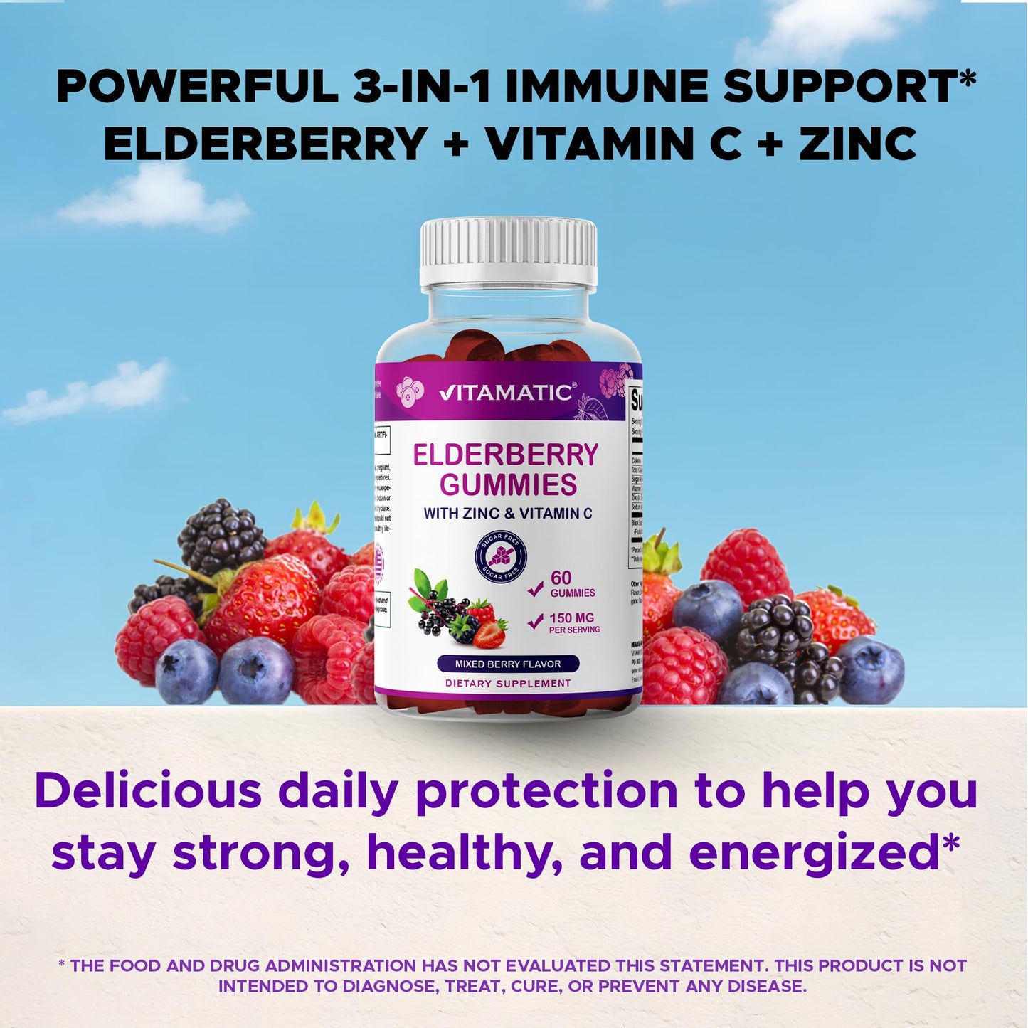 Vitamatic Elderberry Gummies with Vitamin C & Zinc – Immune Support, Gummies, 60 Count