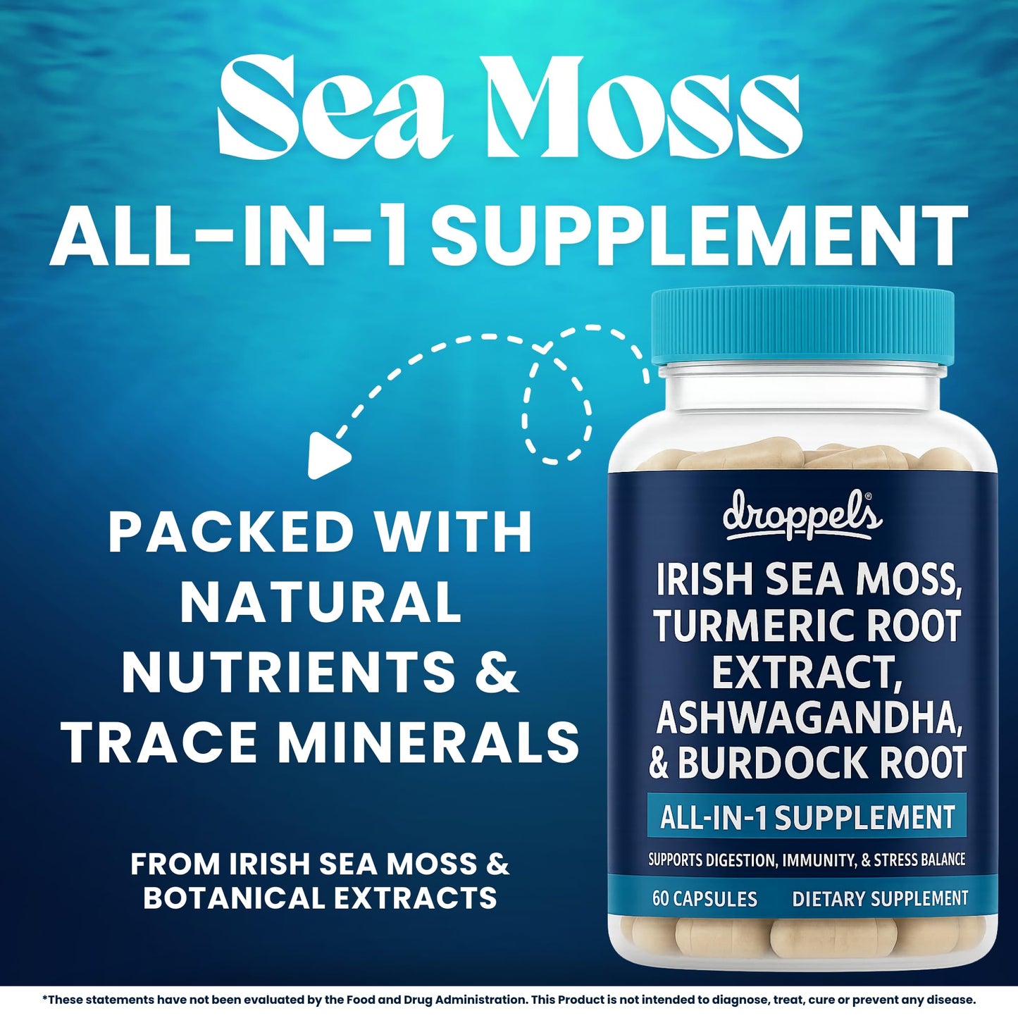Droppels Irish Sea Moss Capsules with Turmeric, Ashwagandha, Black Pepper & Burdock Root – Natural Mineral Blend – Vegan, Non-GMO, 60 Capsules