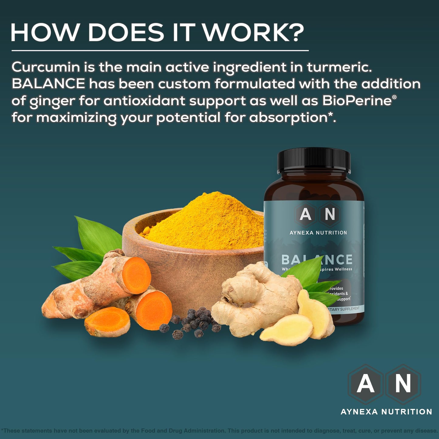 AYNEXA NUTRITION Balance Turmeric Curcumin 500mg + Ginger Root 500mg with Black Pepper Capsule, 60 Capsules