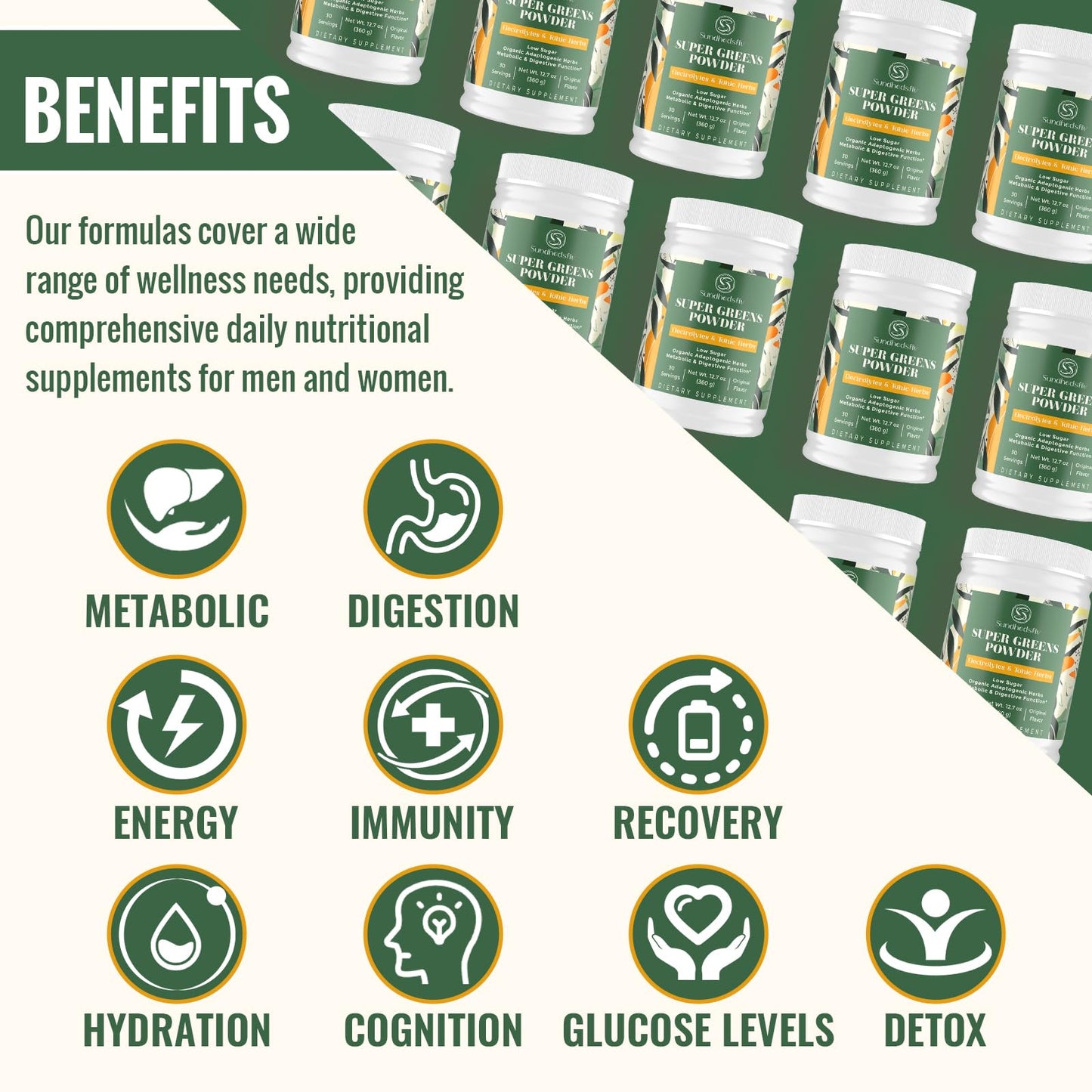 Sundhedsliv Super Greens Powder Superfood + Electrolytes & Tonic Herbs Powder 12.7 Ounce