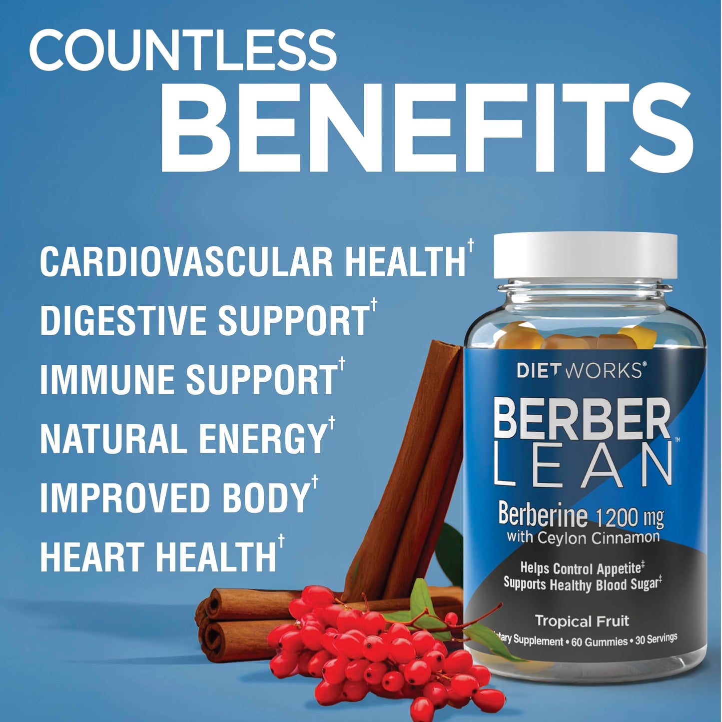 DietWorks BerberLean Gummies with Ceylon Cinnamon, Berberine Gummies, Gummies, 60 Count
