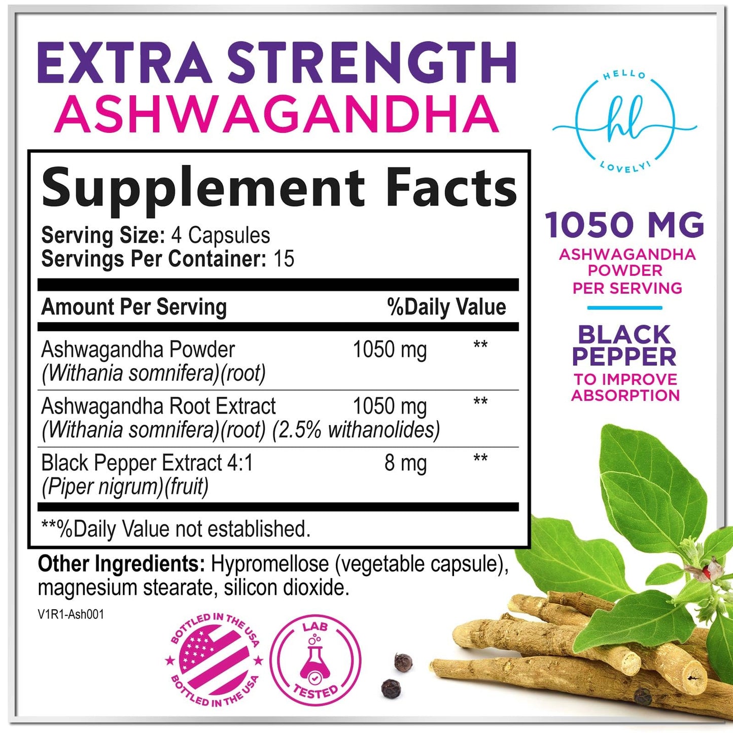 Hello Lovely! Ashwagandha Supplements for Women - Extra Strength Ashwagandha Capsules with Plant Powder & Root Extract, 60 Capsules